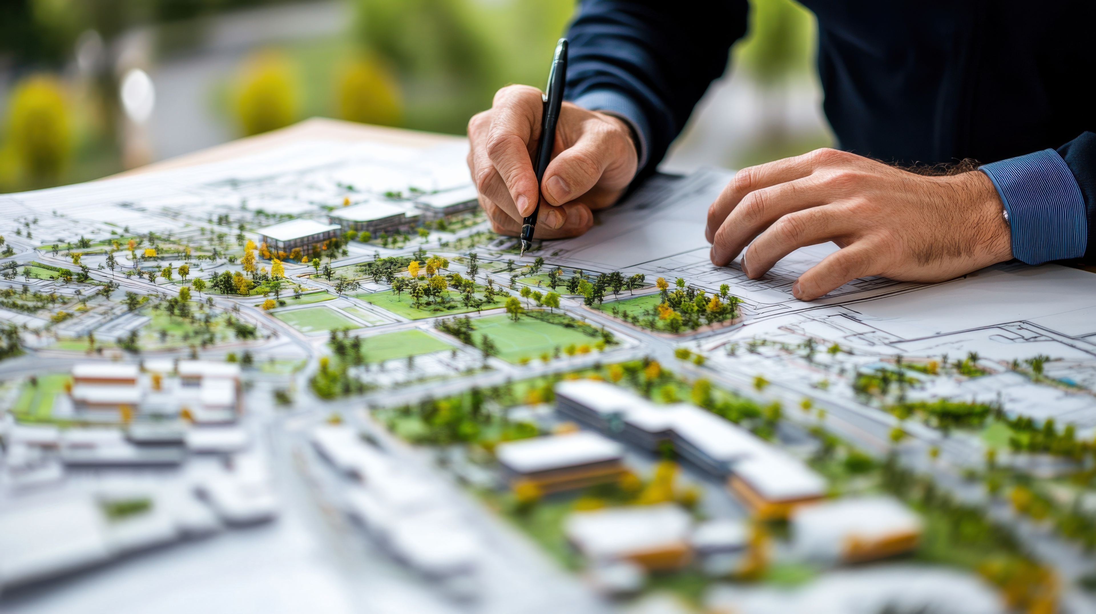 A detailed shot of an urban planner reviewing plans for a sustainable urban redevelopment project, Urban redevelopment scene, Eco-friendly urbanism style A detailed shot of an urban planner reviewing plans for a sustainable urban redevelopment project, Urban redevelopment scene, Eco-friendly urbanism style