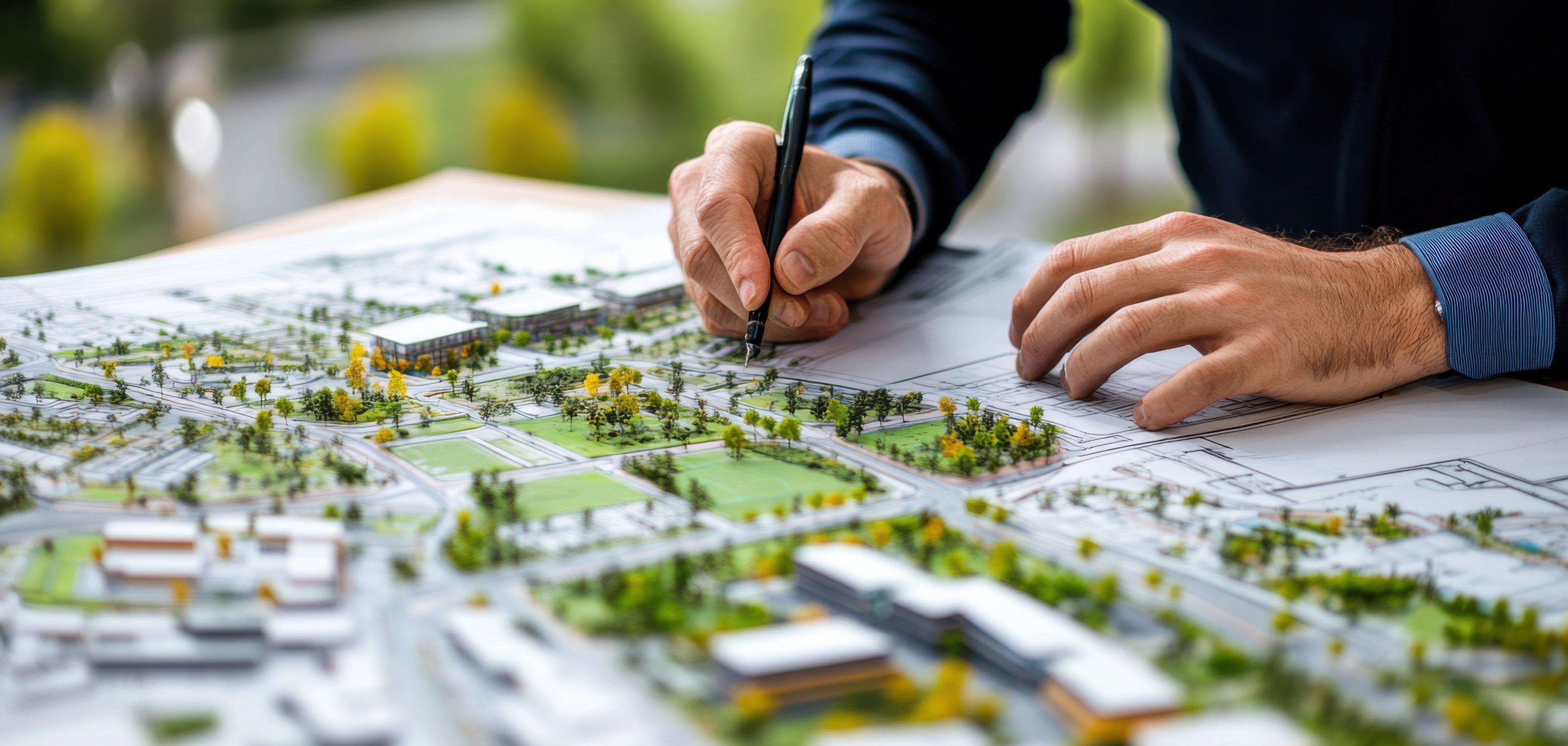 A detailed shot of an urban planner reviewing plans for a sustainable urban redevelopment project, Urban redevelopment scene, Eco-friendly urbanism style A detailed shot of an urban planner reviewing plans for a sustainable urban redevelopment project, Urban redevelopment scene, Eco-friendly urbanism style