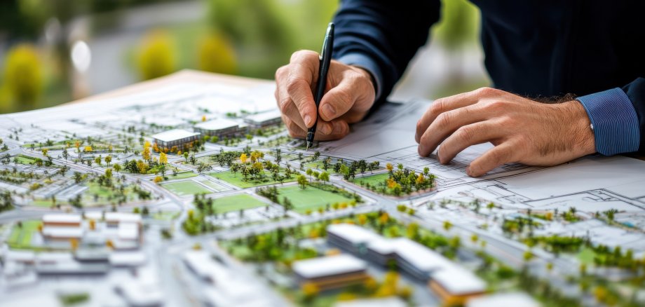 A detailed shot of an urban planner reviewing plans for a sustainable urban redevelopment project, Urban redevelopment scene, Eco-friendly urbanism style A detailed shot of an urban planner reviewing plans for a sustainable urban redevelopment project, Urban redevelopment scene, Eco-friendly urbanism style
