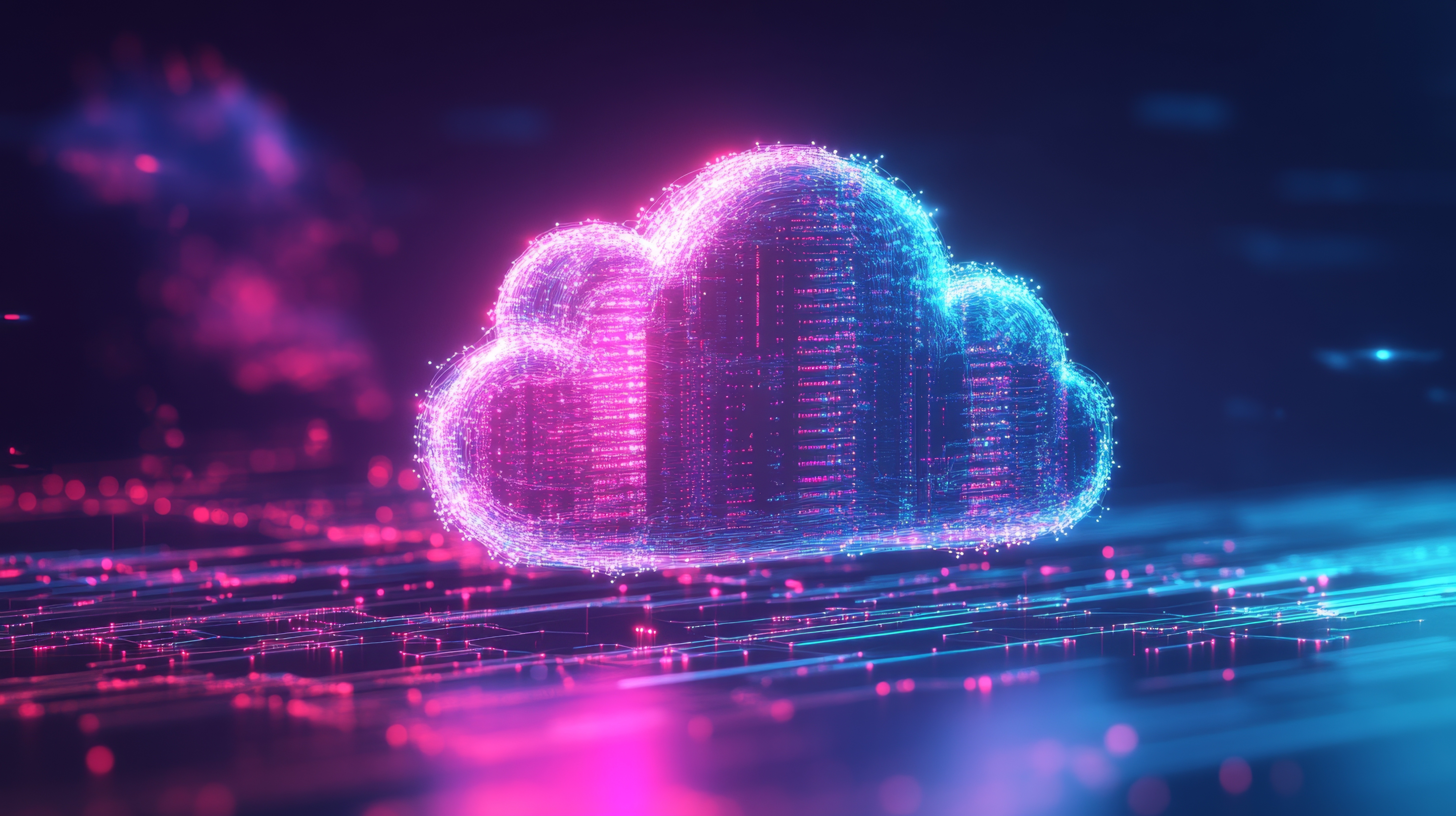 Streaming data visualization cloud network digital art virtual environment tech perspective glowing data concept