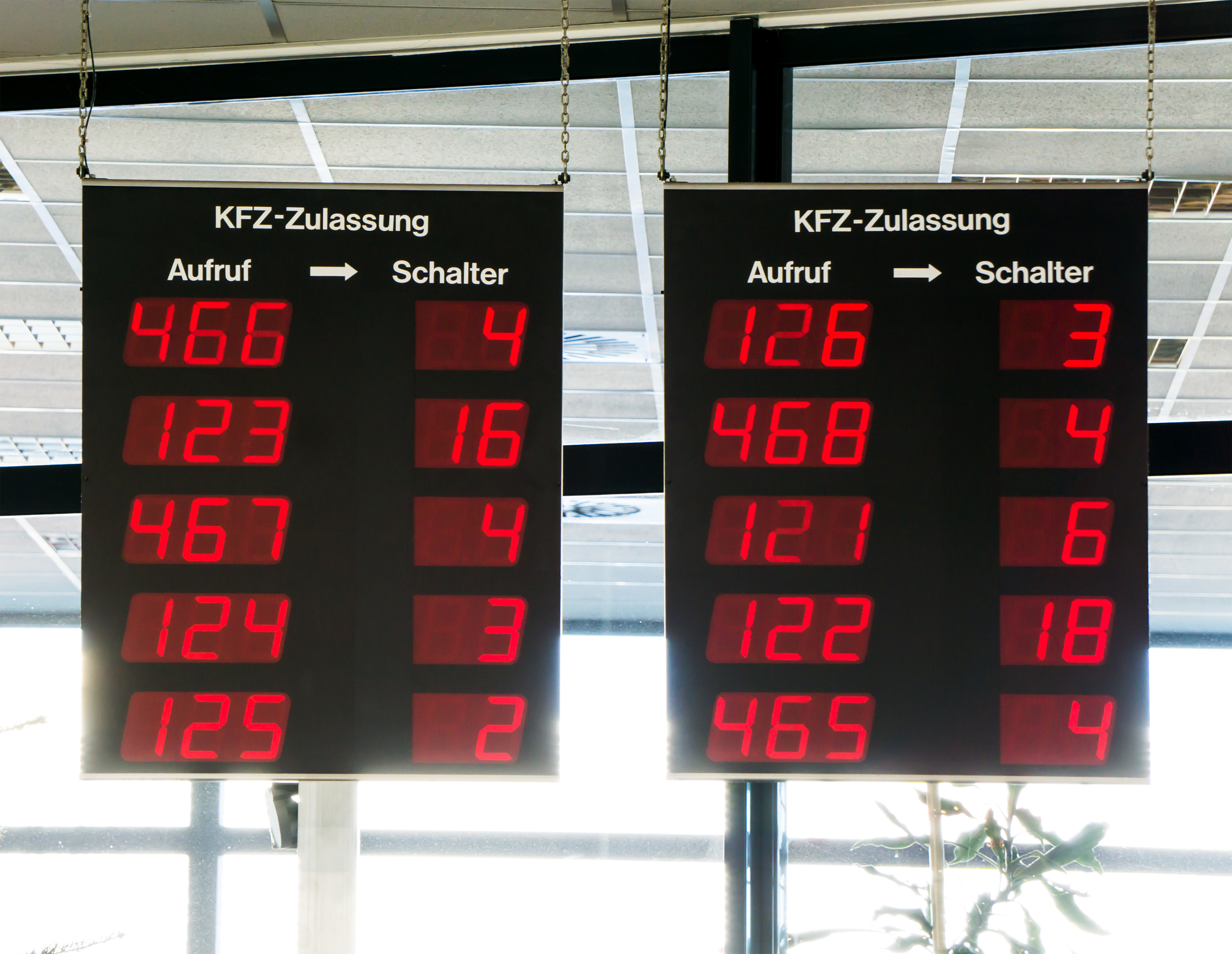 Anzeigetafel beim Nummer ziehen im Wartebreich vom Straßenverkehrsamt Anzeigetafel beim Nummer ziehen im Wartebreich vom Straßenverkehrsamt