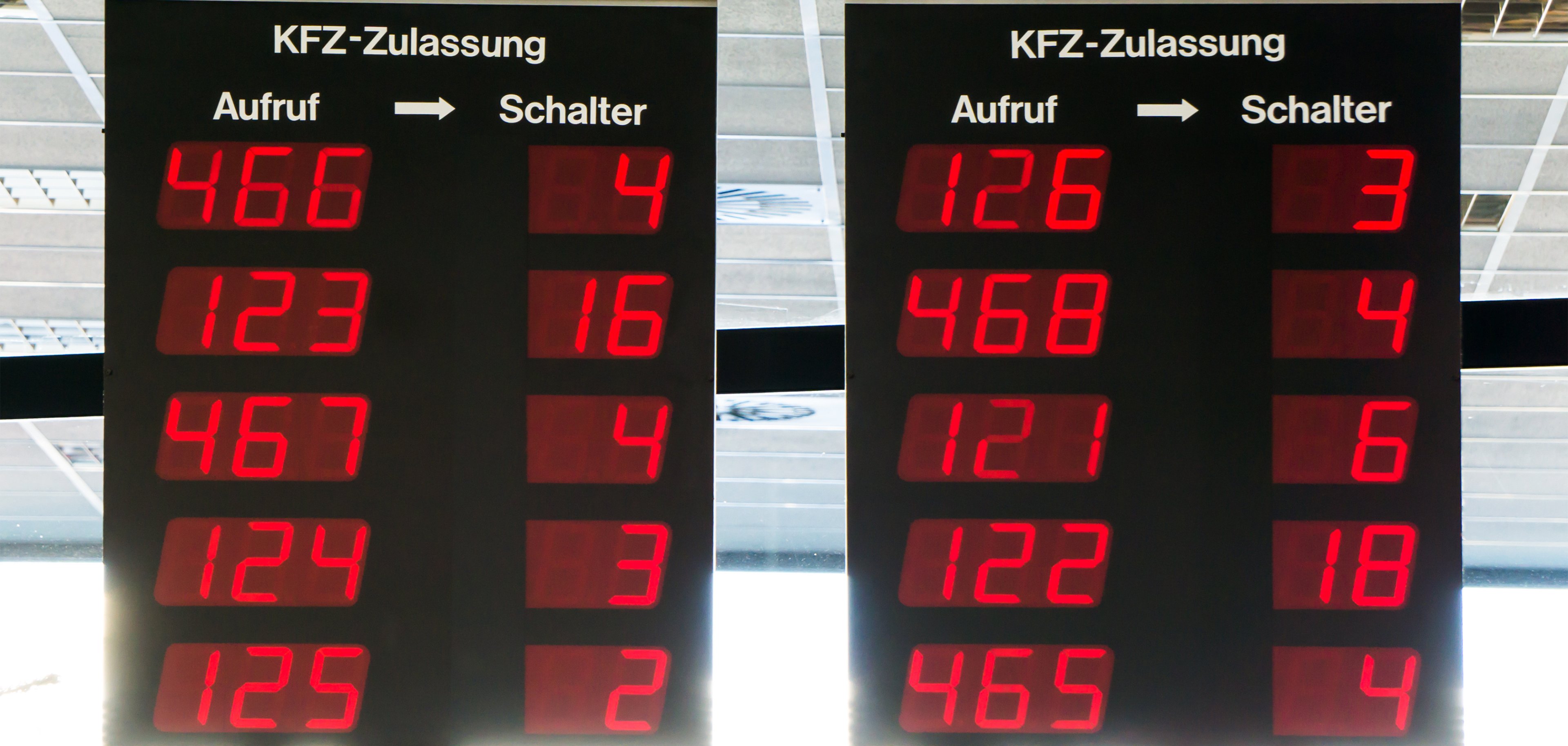 Anzeigetafel beim Nummer ziehen im Wartebreich vom Straßenverkehrsamt