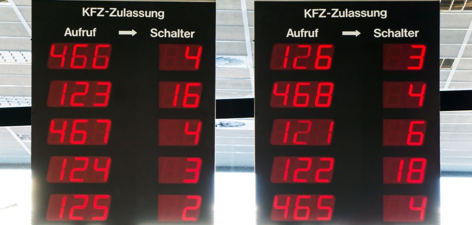 Anzeigetafel beim Nummer ziehen im Wartebreich vom Straßenverkehrsamt