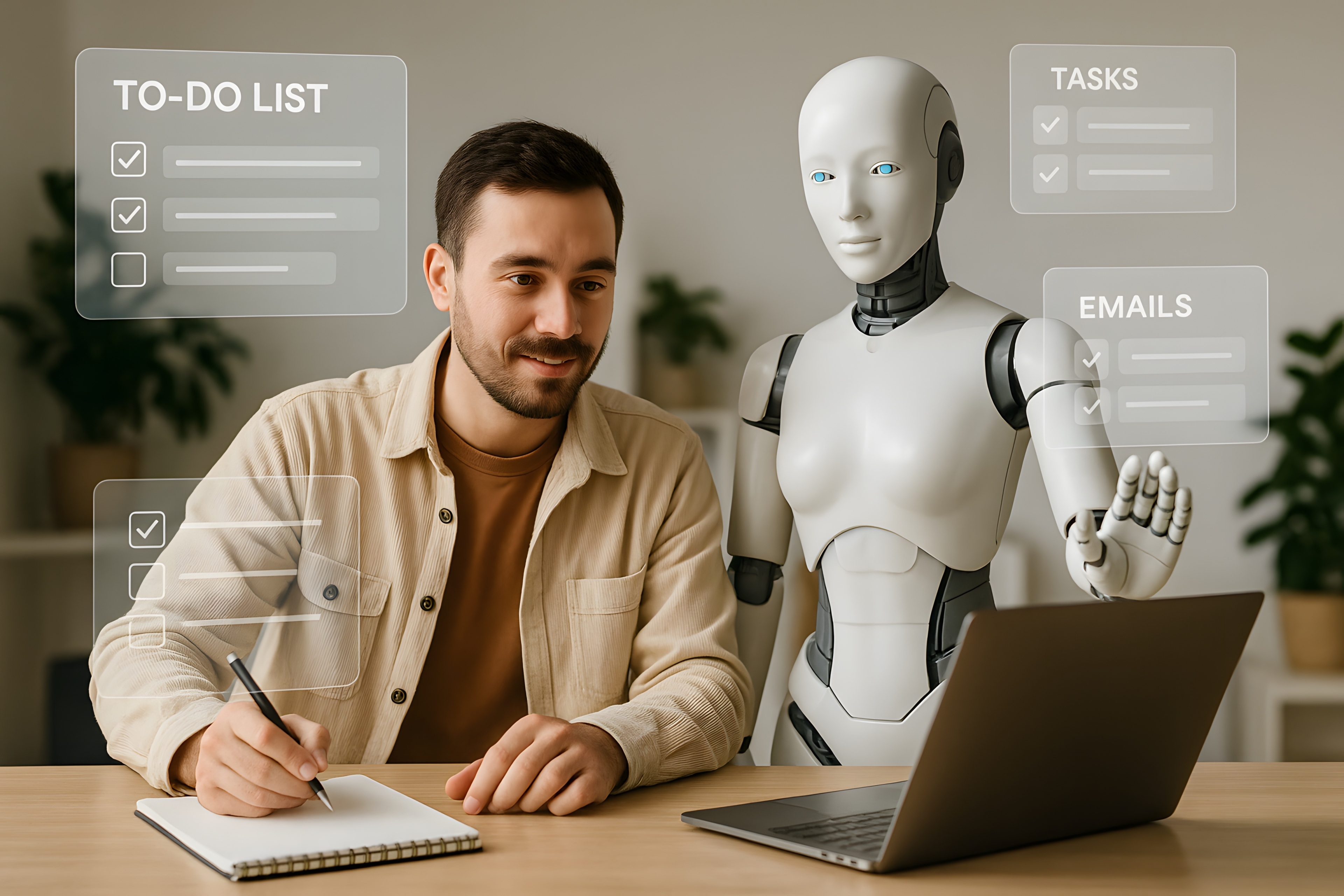 Ein Mann macht sich Notizen, während ein humanoider Roboter eine To-Do-Liste auf einem transparenten Bildschirm anzeigt. Konzept der Mensch-KI-Zusammenarbeit und des Aufgabenmanagements.