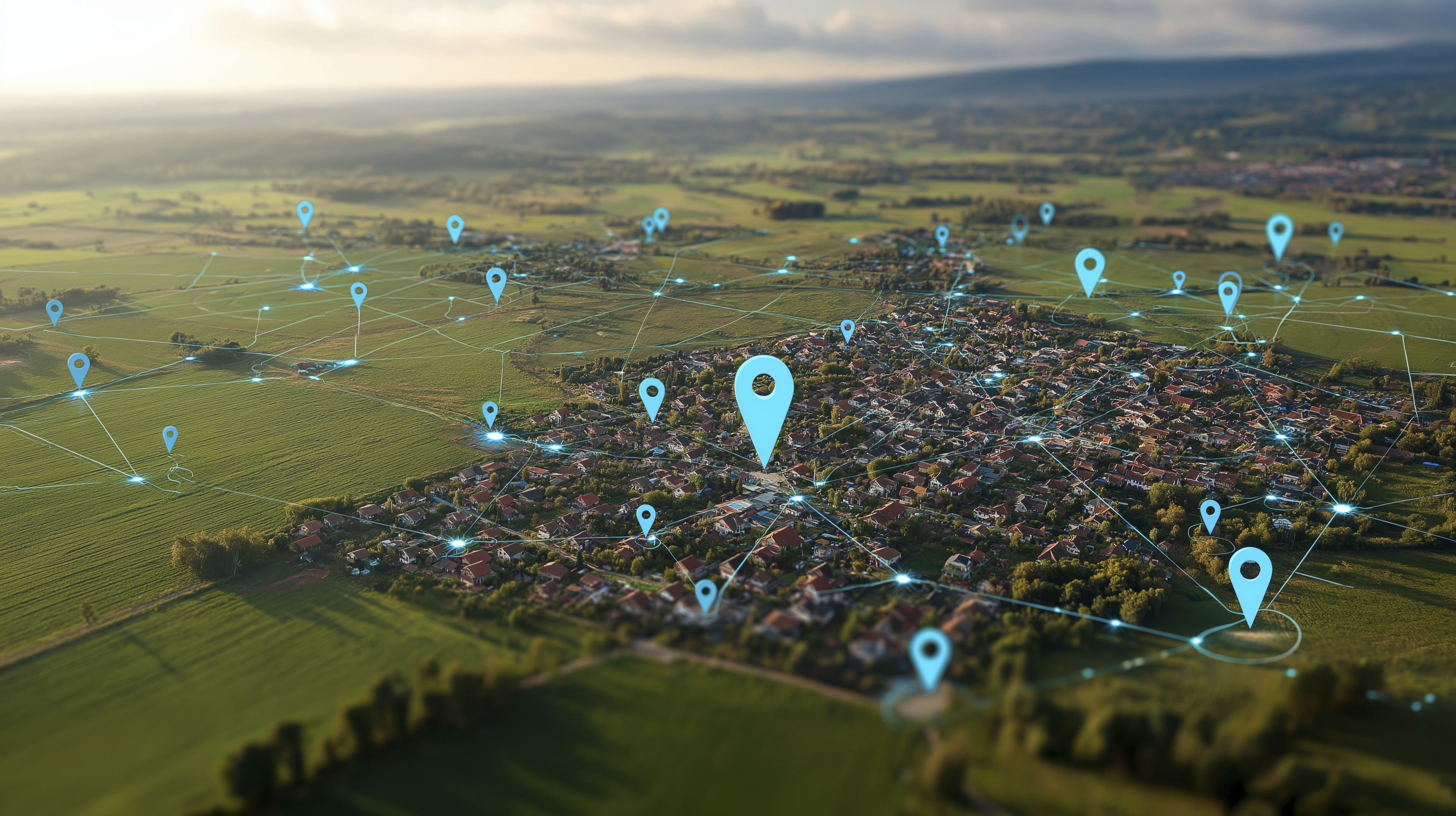 Die Luftaufnahme der Stadt mit virtuell  verbundenen Punkten vermittelt ein futuristisches Bild des Fortschritts in Kommunikation und Technologie.