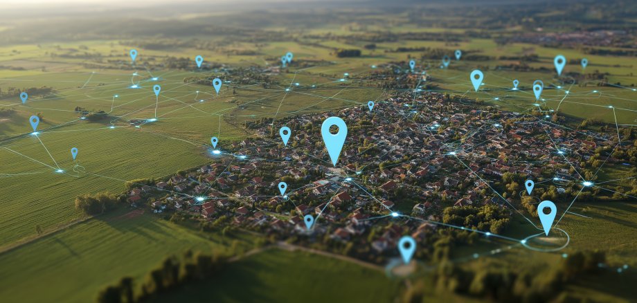 Die Luftaufnahme der Stadt mit virtuell  verbundenen Punkten vermittelt ein futuristisches Bild des Fortschritts in Kommunikation und Technologie.