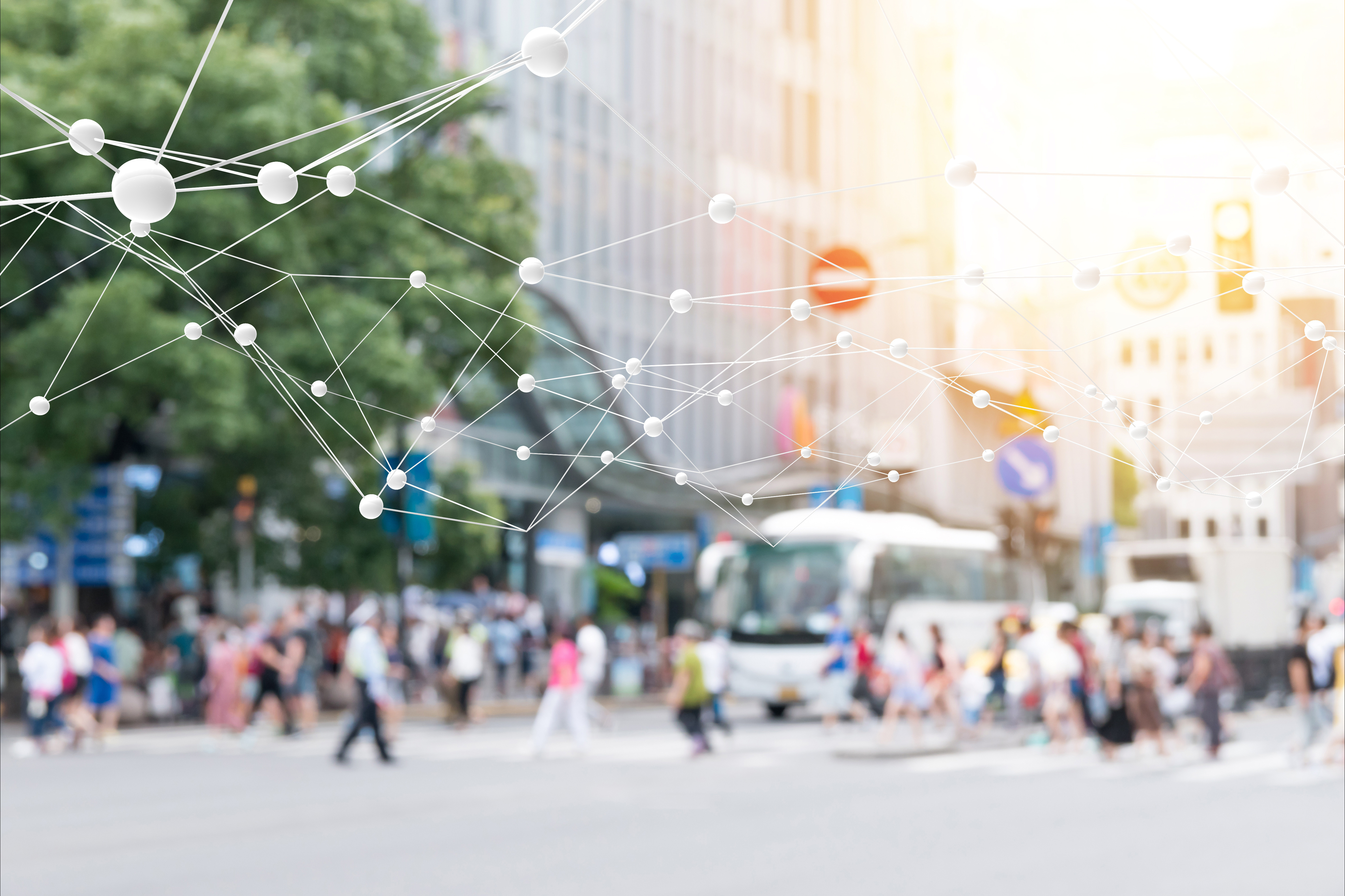 Big data , iot , artificial intelligence (ai) technology every where , smart city technology concept. Neural networks connect atoms and blur city people cross street background. 3d Rendering.