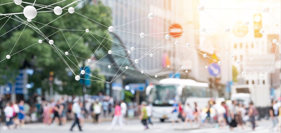 Big data , iot , artificial intelligence (ai) technology every where , smart city technology concept. Neural networks connect atoms and blur city people cross street background. 3d Rendering. Big data , iot , artificial intelligence (ai) technology every where , smart city technology concept. Neural networks connect atoms and blur city people cross street background. 3d Rendering.