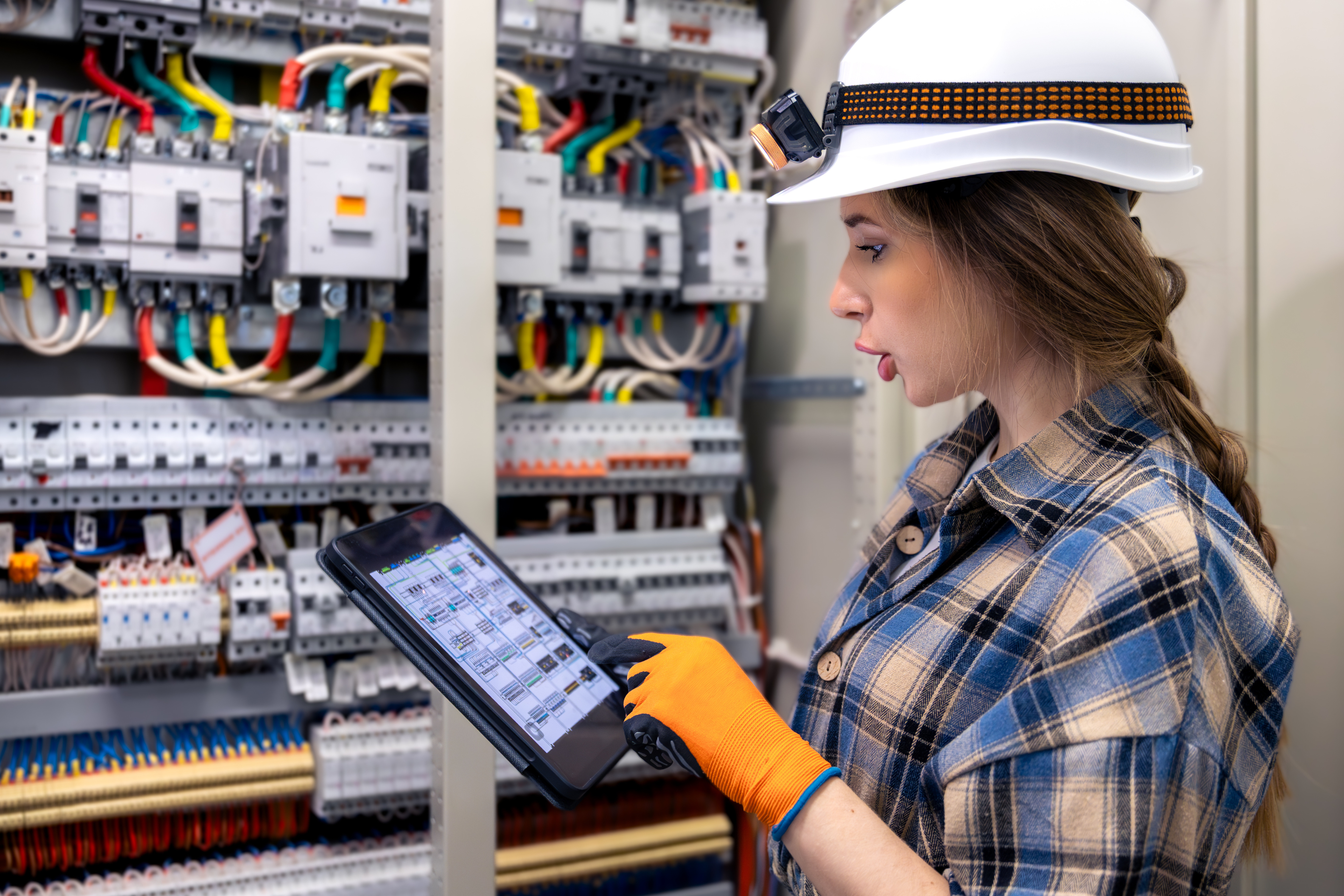 Elektrikerin mit Tablet Eine Elektrikerin mit Schutzhelm und Handschuhen prüft den Schaltplan eines Tablets neben einem offenen Verteilerkasten. Die Szene spiegelt die Abläufe in einer Smart Factory, die Überwachung von IoT-Geräten und das Bewusstsein für Cybersicherheit in einem Technikraum wider.