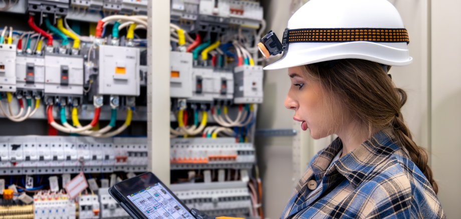 Eine Elektrikerin mit Schutzhelm und Handschuhen prüft den Schaltplan eines Tablets neben einem offenen Verteilerkasten. Die Szene spiegelt die Abläufe in einer Smart Factory, die Überwachung von IoT-Geräten und das Bewusstsein für Cybersicherheit in einem Technikraum wider.