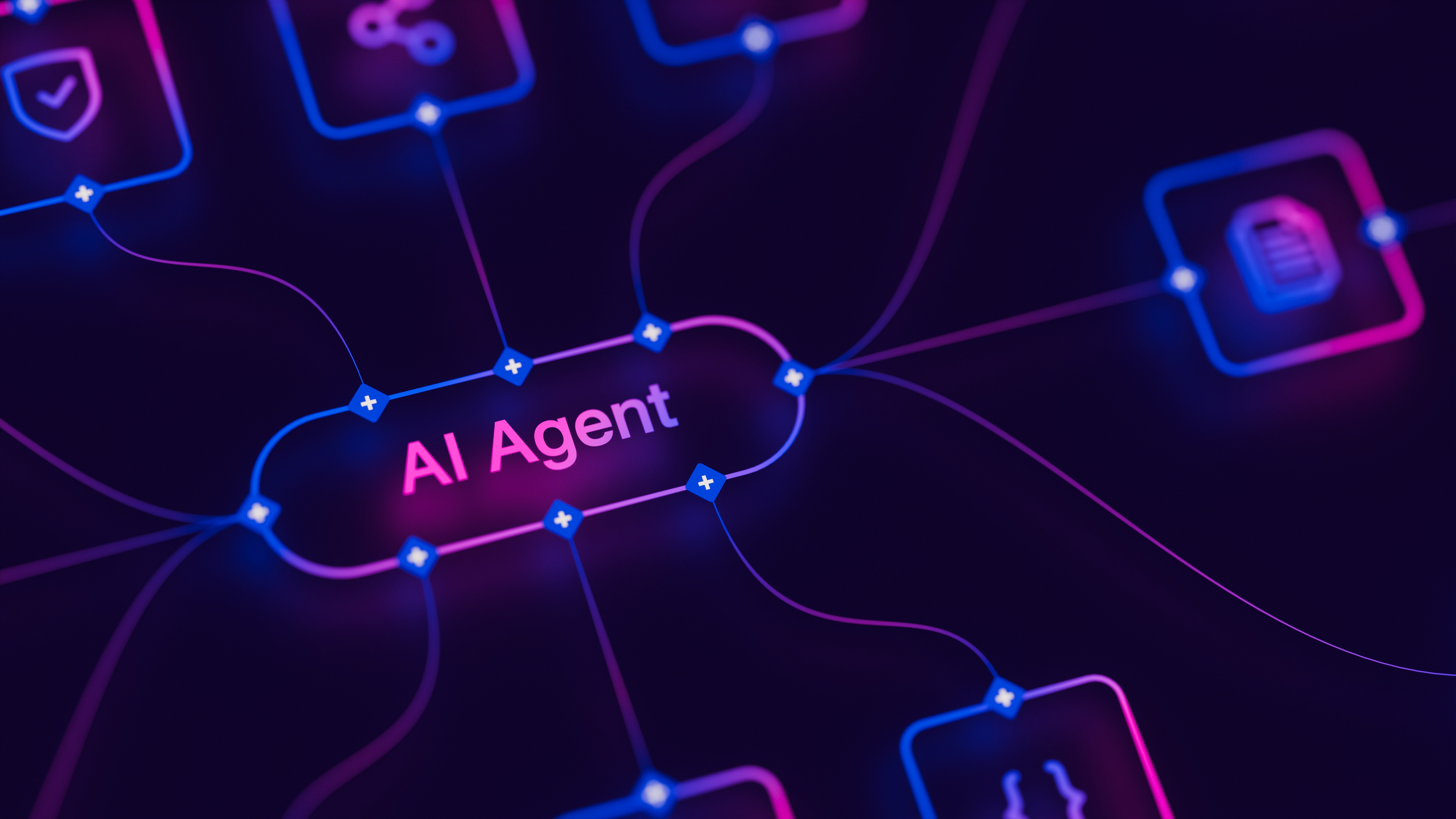 KI-Workflow-Automatisierung, Software für KI-Agenten, Schnittstelle, Knoten, Auslöser, Daten, Tool, Dashboard, Programmierung, Symbol, Ablauf, Prozess, Datenbank, Technologie, 3D-Rendering.