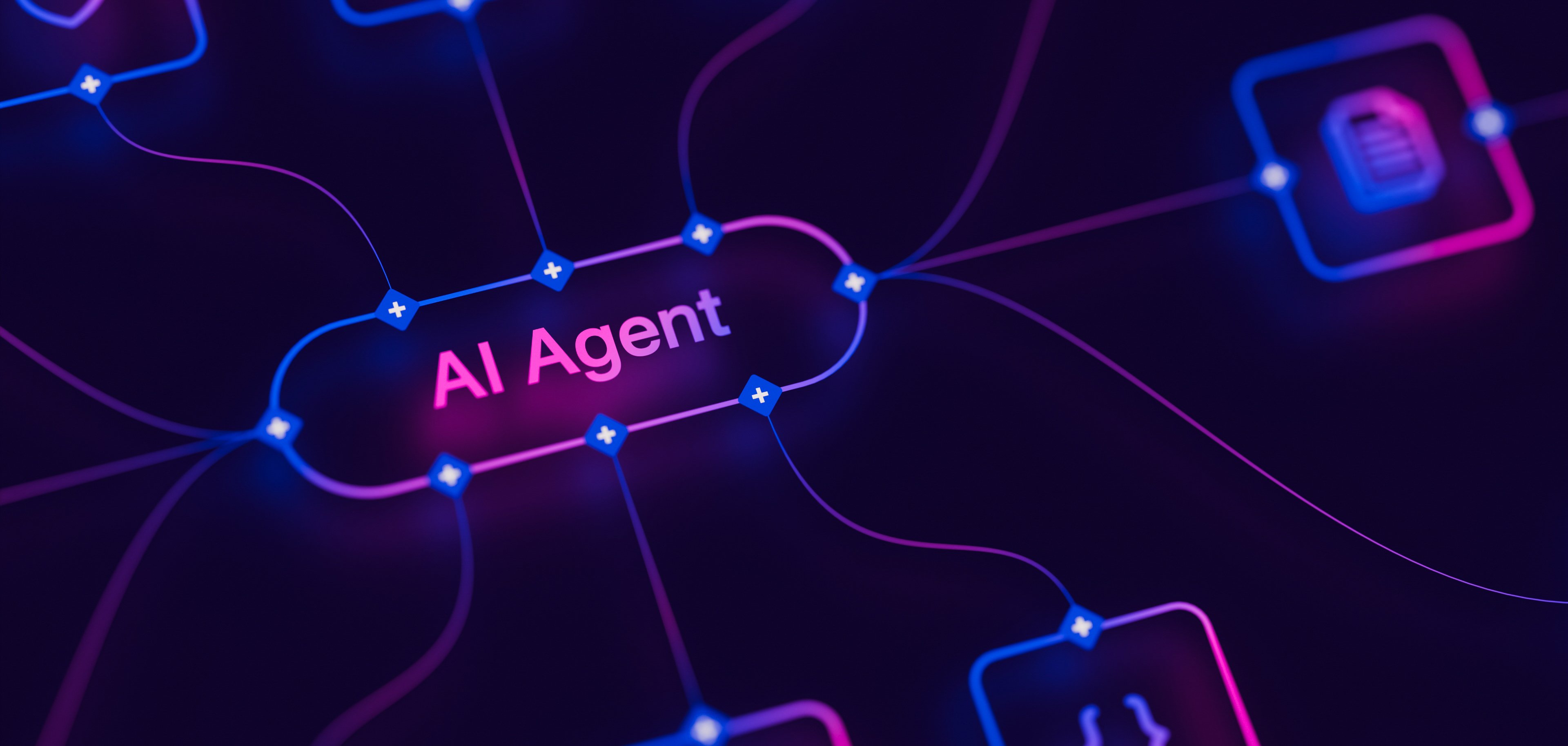 AI Agent KI-Workflow-Automatisierung, Software für KI-Agenten, Schnittstelle, Knoten, Auslöser, Daten, Tool, Dashboard, Programmierung, Symbol, Ablauf, Prozess, Datenbank, Technologie, 3D-Rendering.