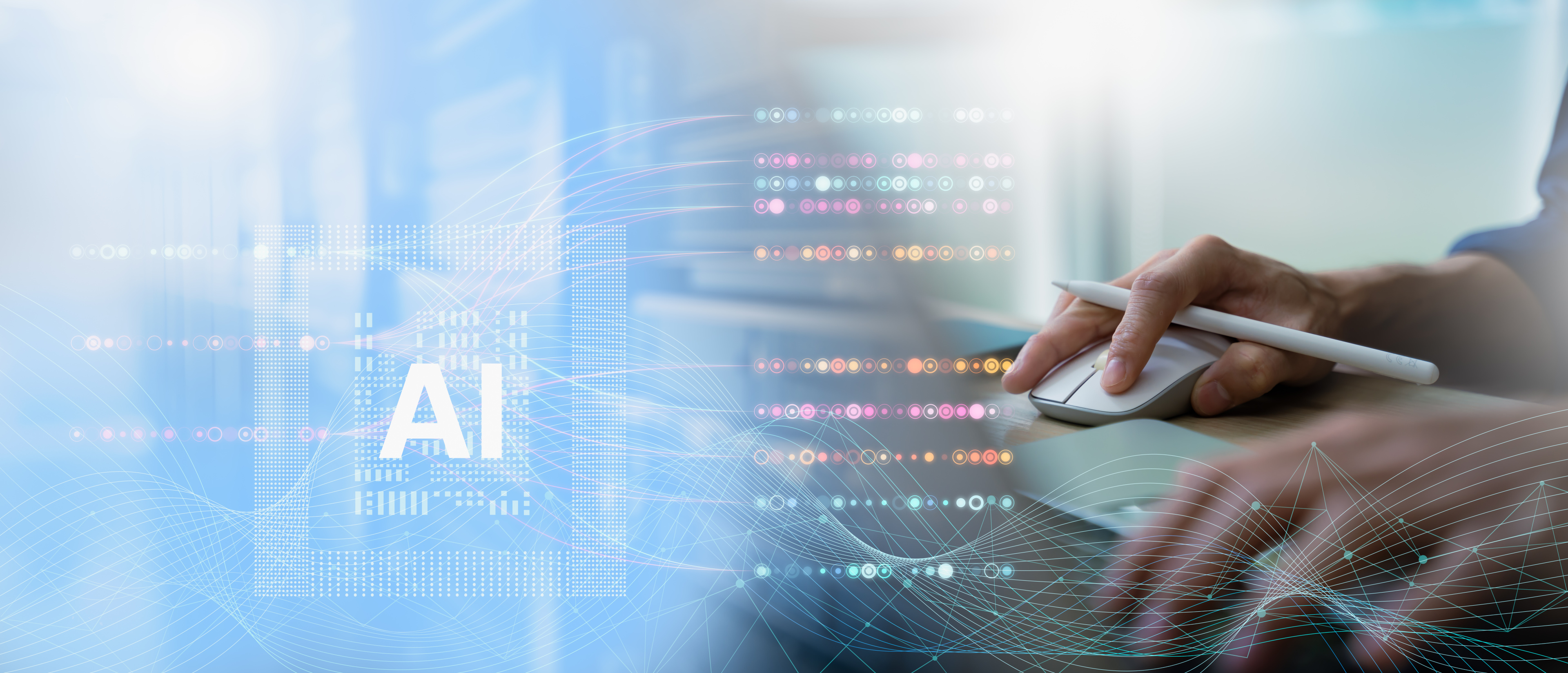 KI Technologie Darstellung einer Bannergrafik für innovative Technologien wie digitales Wellensignal, 6G, autonome KI-Agenten, Smart-City-Infrastruktur und Cloud-Computing-Schnittstelle.