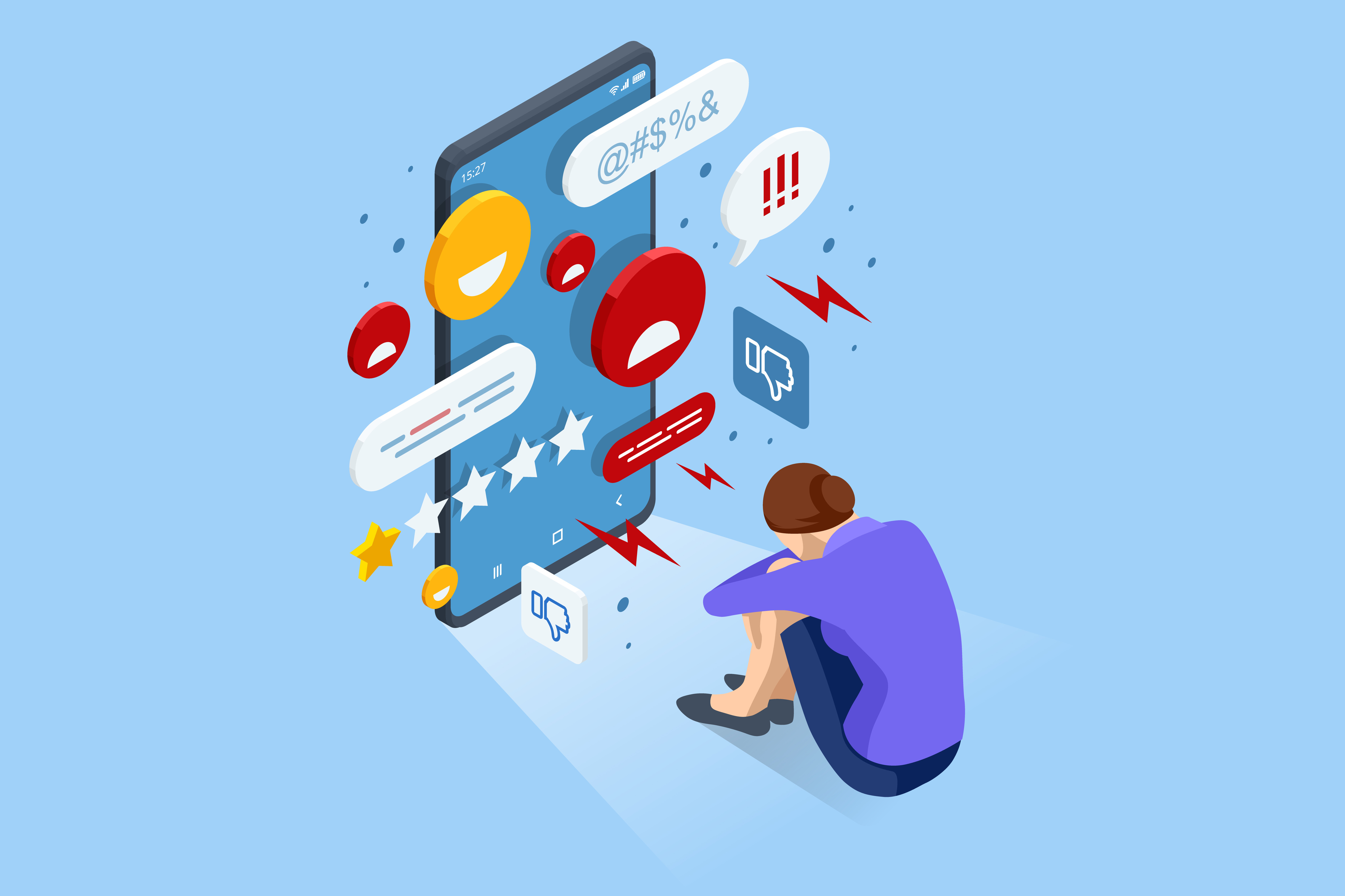 Grafik mit einem großen Smartphone. vor dem eine Person sitzt und aus dem Sprechblasen, Smileys und böse Kommentare herauskommen.