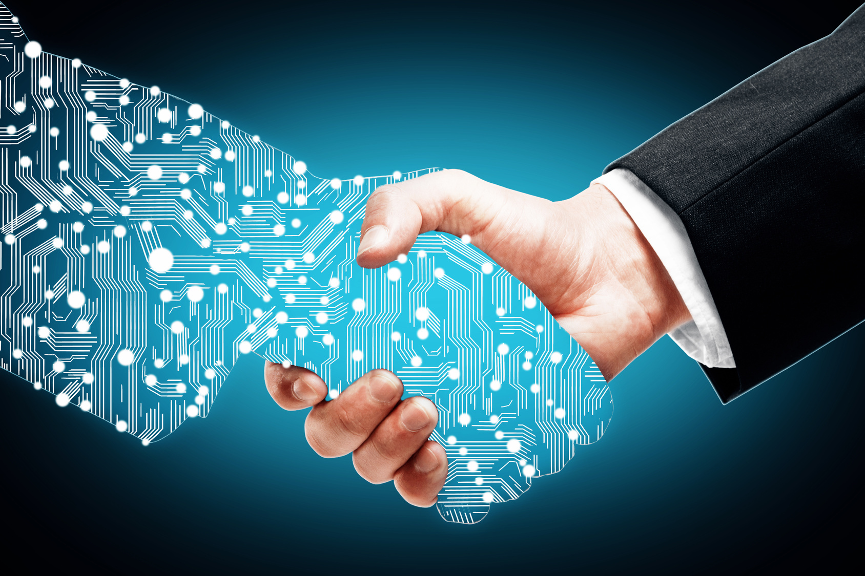 Digital handshake on blue background Buisnessmann schüttelt einem Digitalem Partner die Hand