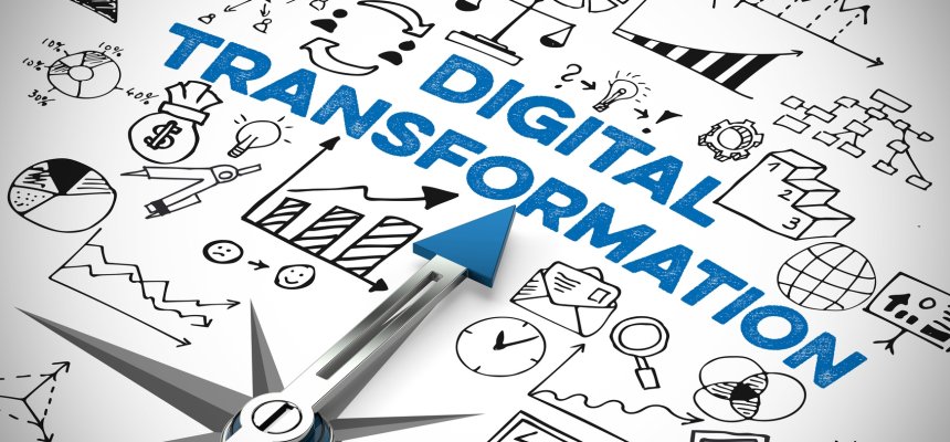 Digital Business Transformation als Konzept auf einem Kompass mit vielen Symbolen