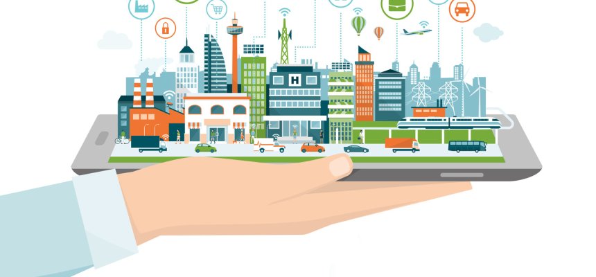 Ein Model von einer Stadt, dass ein Buissnes Mann hält.