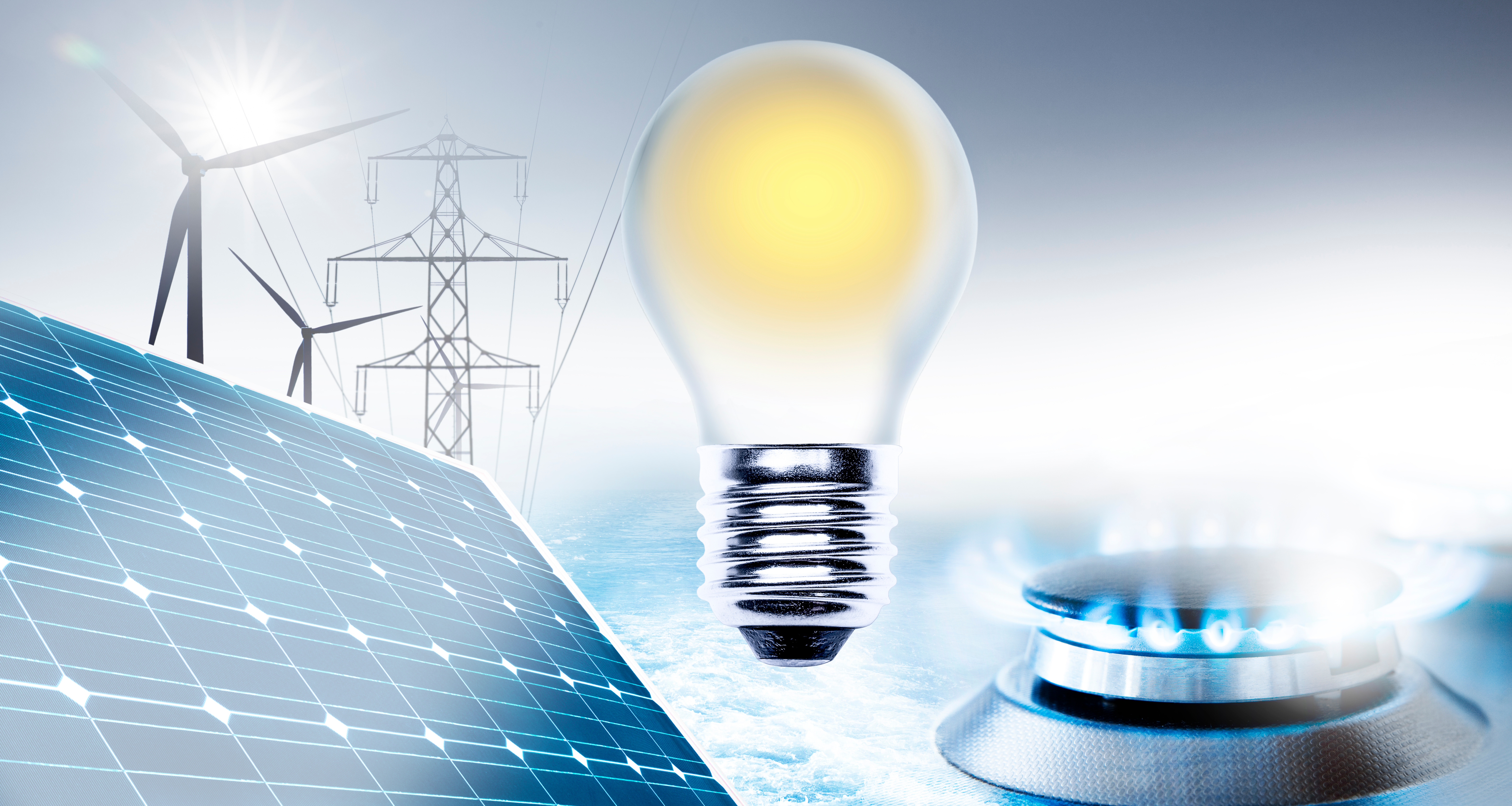 Energie Collage aus Bildern über Solarpanelen, Windkrafträdern, einer Glühbirne und einer Herdgasflamme