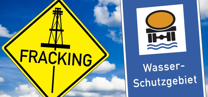 Wasserschutzgebiet und Frackingschild mit Wolken