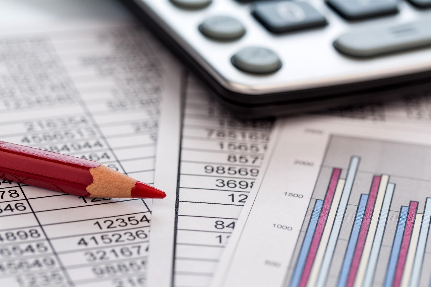 Ein Taschenrechner liegt auf den Zahlen einer Bilanz uns Statistik. Symbolphoto für Umsatz, Gewinn und Kosten.