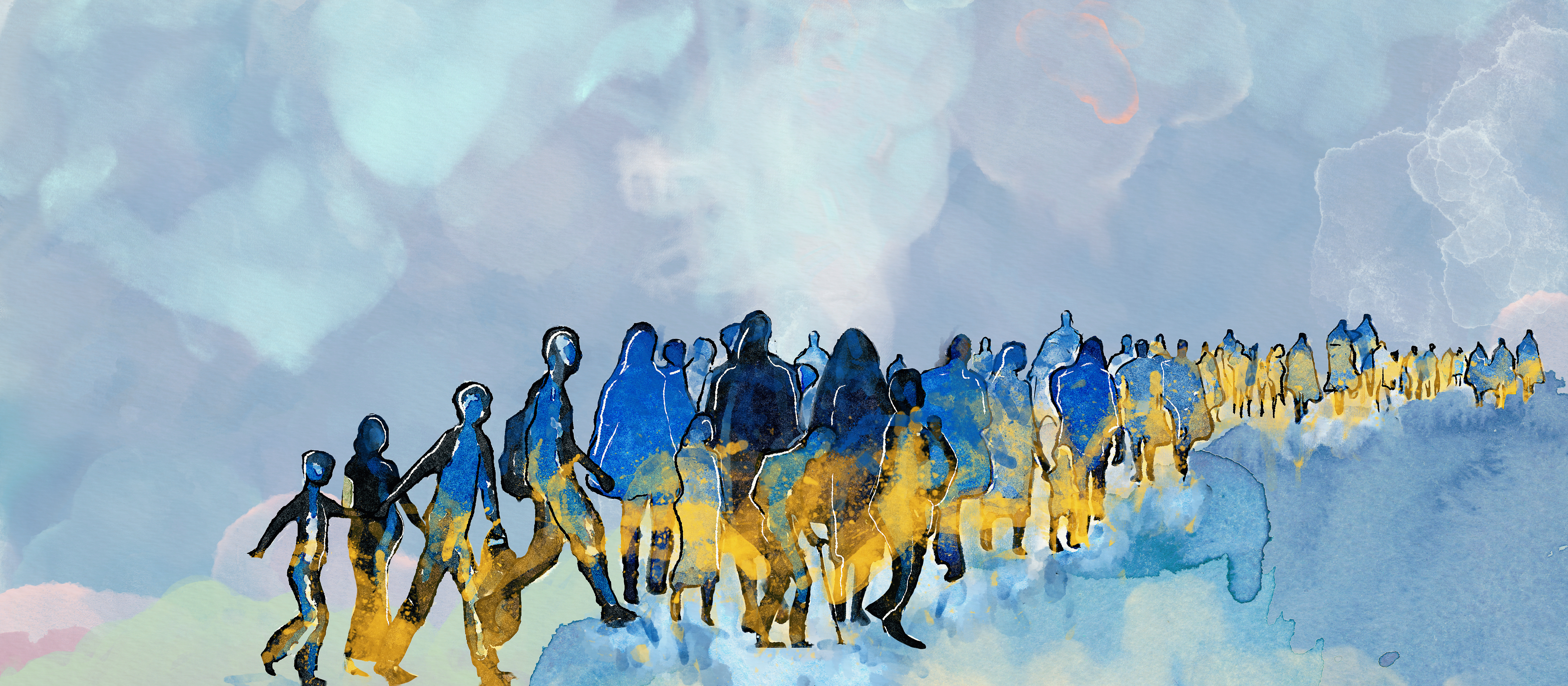 Stop War! Peace for Ukraine! Refugees concept. Watercolor. In gelb blauen Wasserfarben gemalter Zug von Geflüchteten aus der Ukraine.