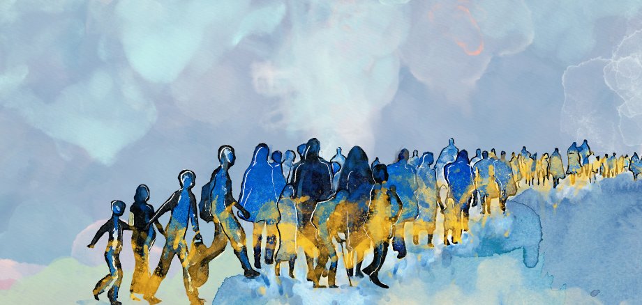 In gelb blauen Wasserfarben gemalter Zug von Geflüchteten aus der Ukraine.