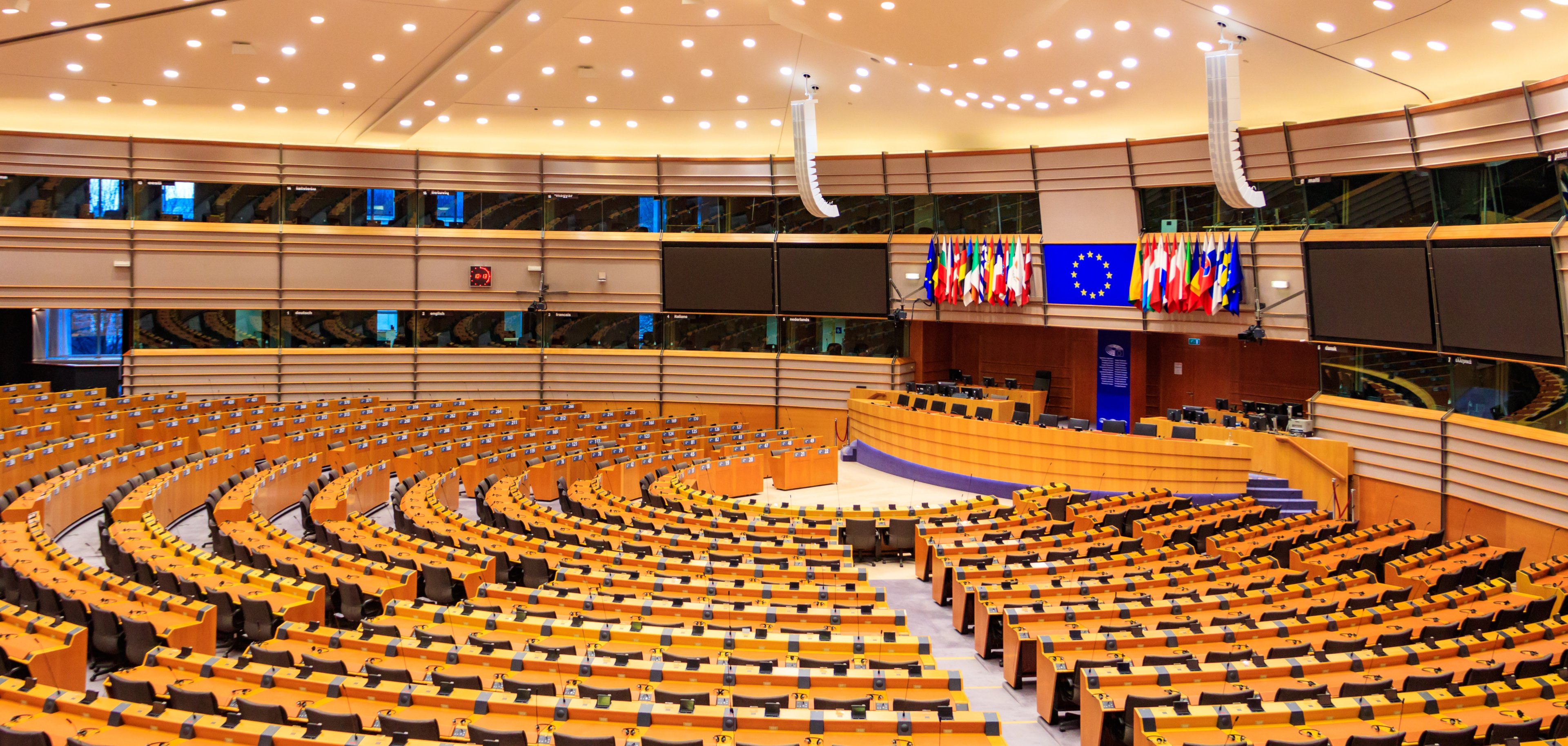 Europäisches Parlament Innenraum des Plenarsaals des Europäischen Parlaments in Brüssel, Belgien.