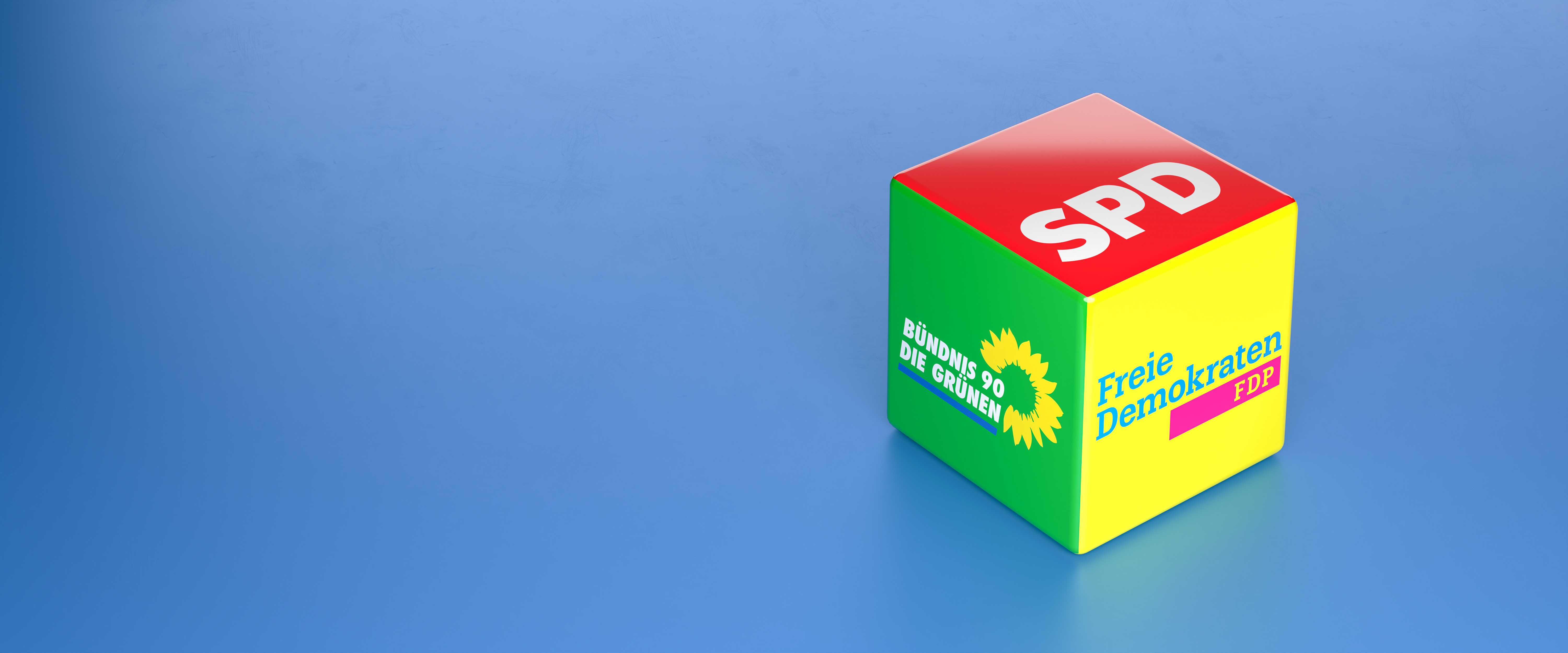 Logos der Bundestagsparteien SPD, Die Grünen und FDP auf blauem Hintergrund und wie ein Würfel geformt.