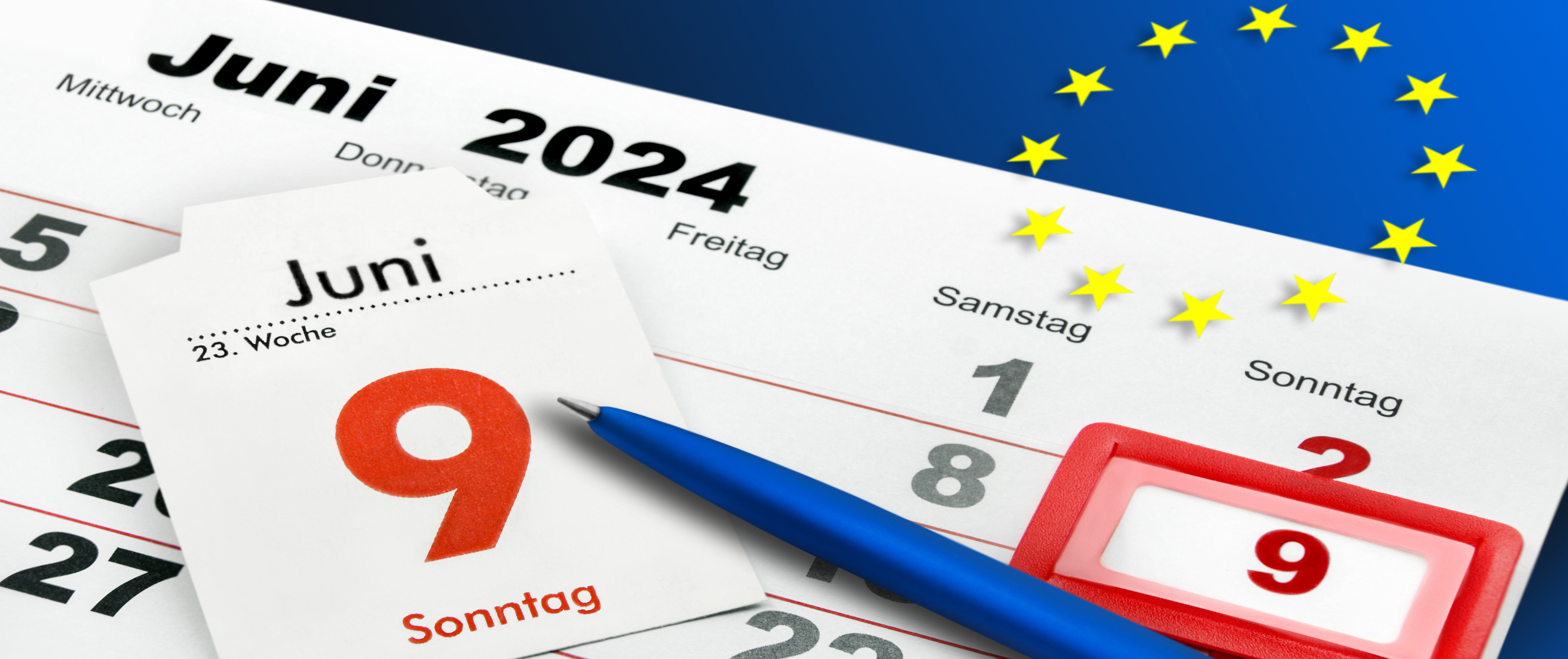 German calendar 2024 June 9 Sunday and EU Flag Wednesday Thursday Friday Saturday Week 