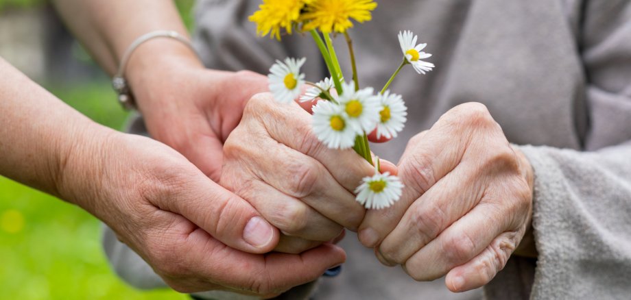 Elderly care - hands, bouquet
