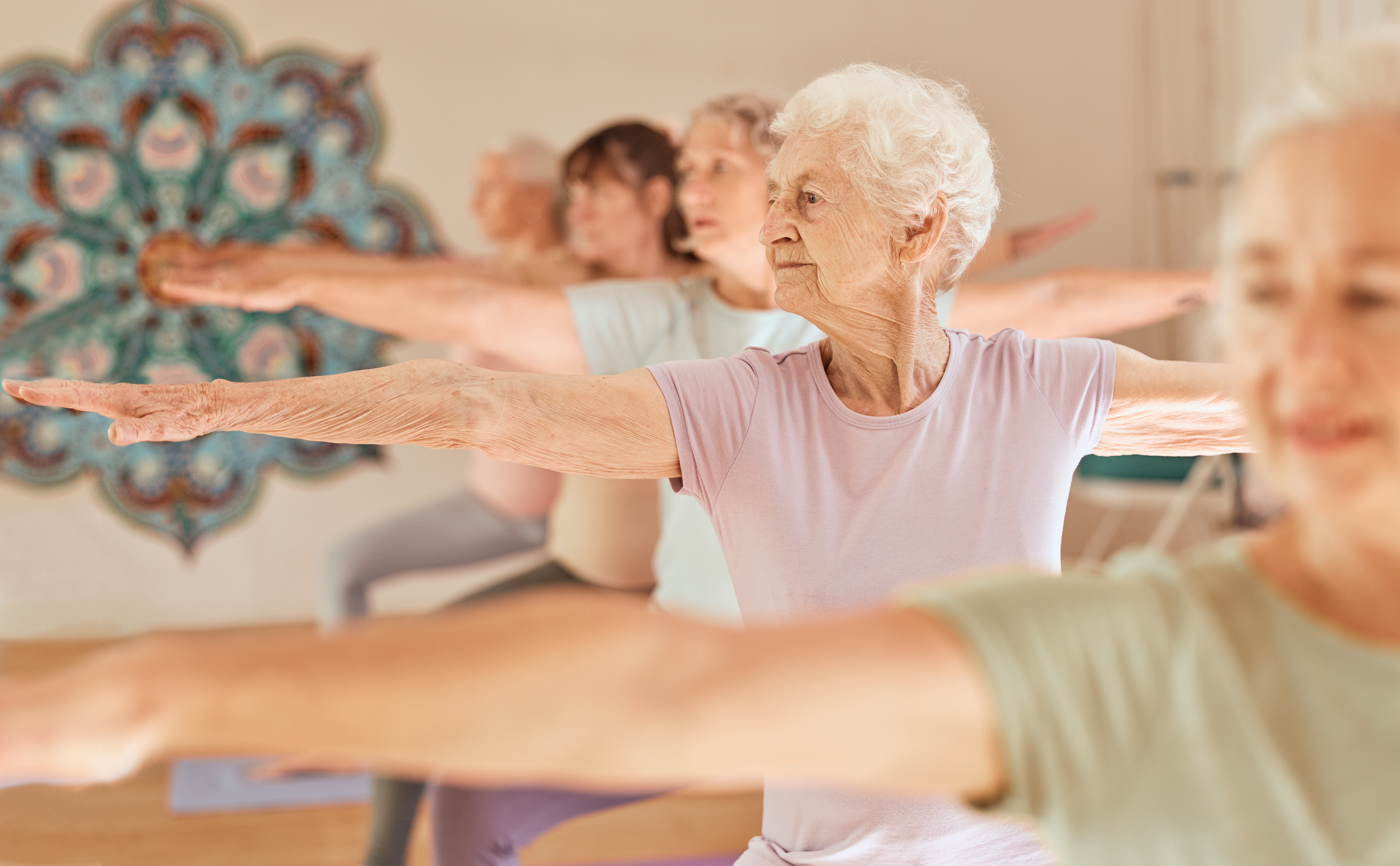 Senioren Yoga Fitness Gruppe beim Training.