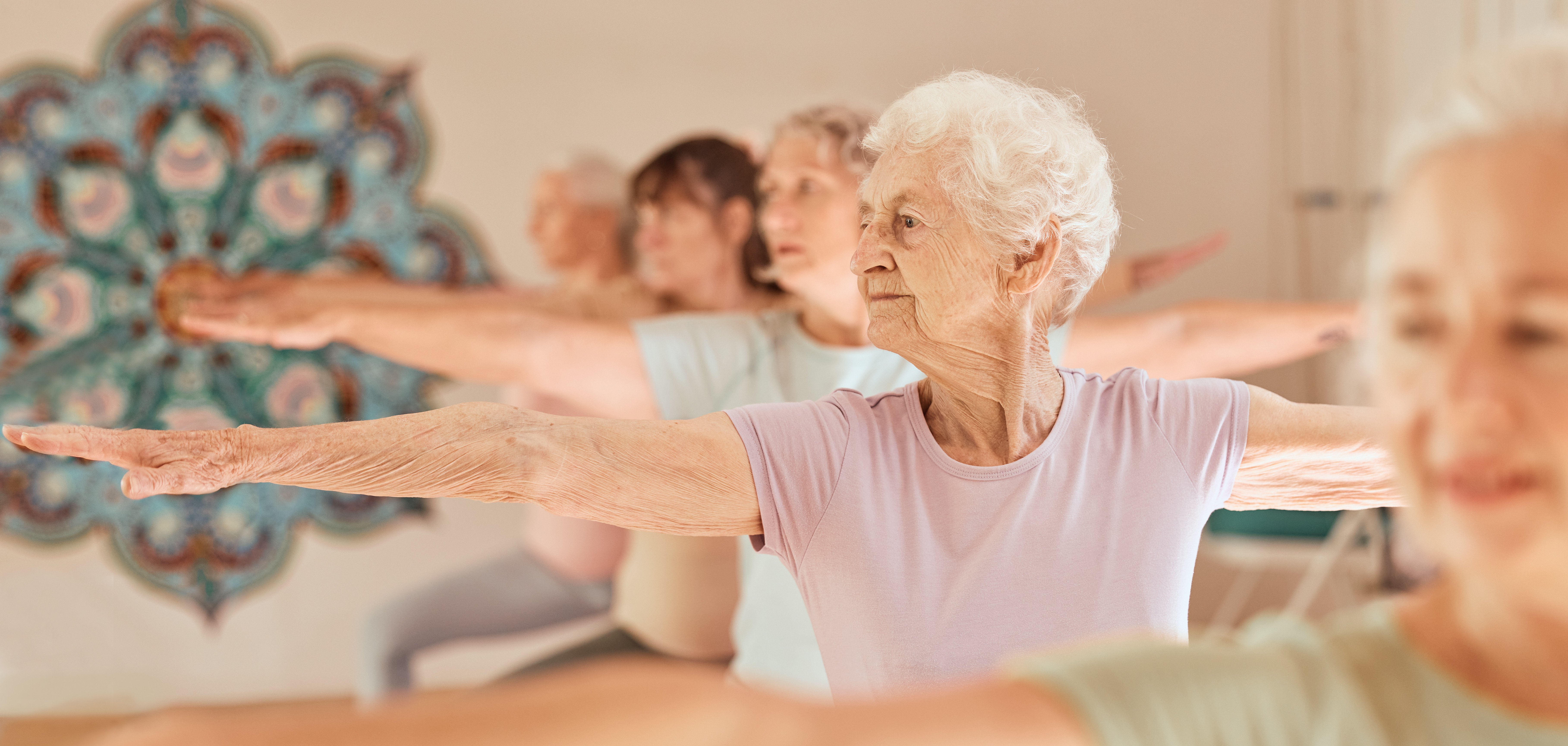 Yoga Senioren Yoga Fitness Gruppe beim Training.