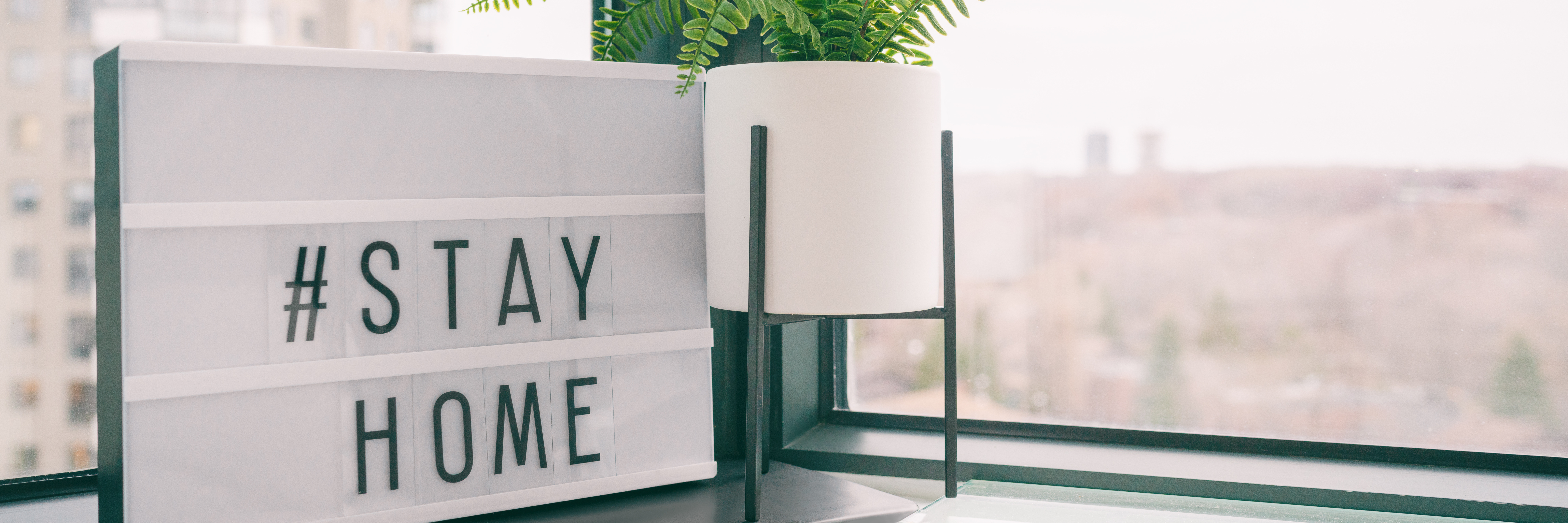 Lichtbox mit Buchstaben, die #stayhome zeigen und auf einer Fensterband steht Lichtbox mit Buchstaben, die #stayhome zeigen und auf einer Fensterband steht