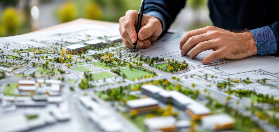 Stadtplan Nahaufnahme eines Stadtplaners, der Pläne für ein nachhaltiges Stadterneuerungsprojekt prüft; Szene der Stadterneuerung im Stil umweltfreundlicher Stadtplanung.