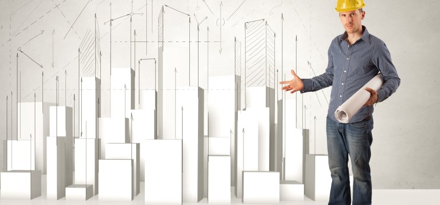 Mann, im Hintergrund 3D Häuser