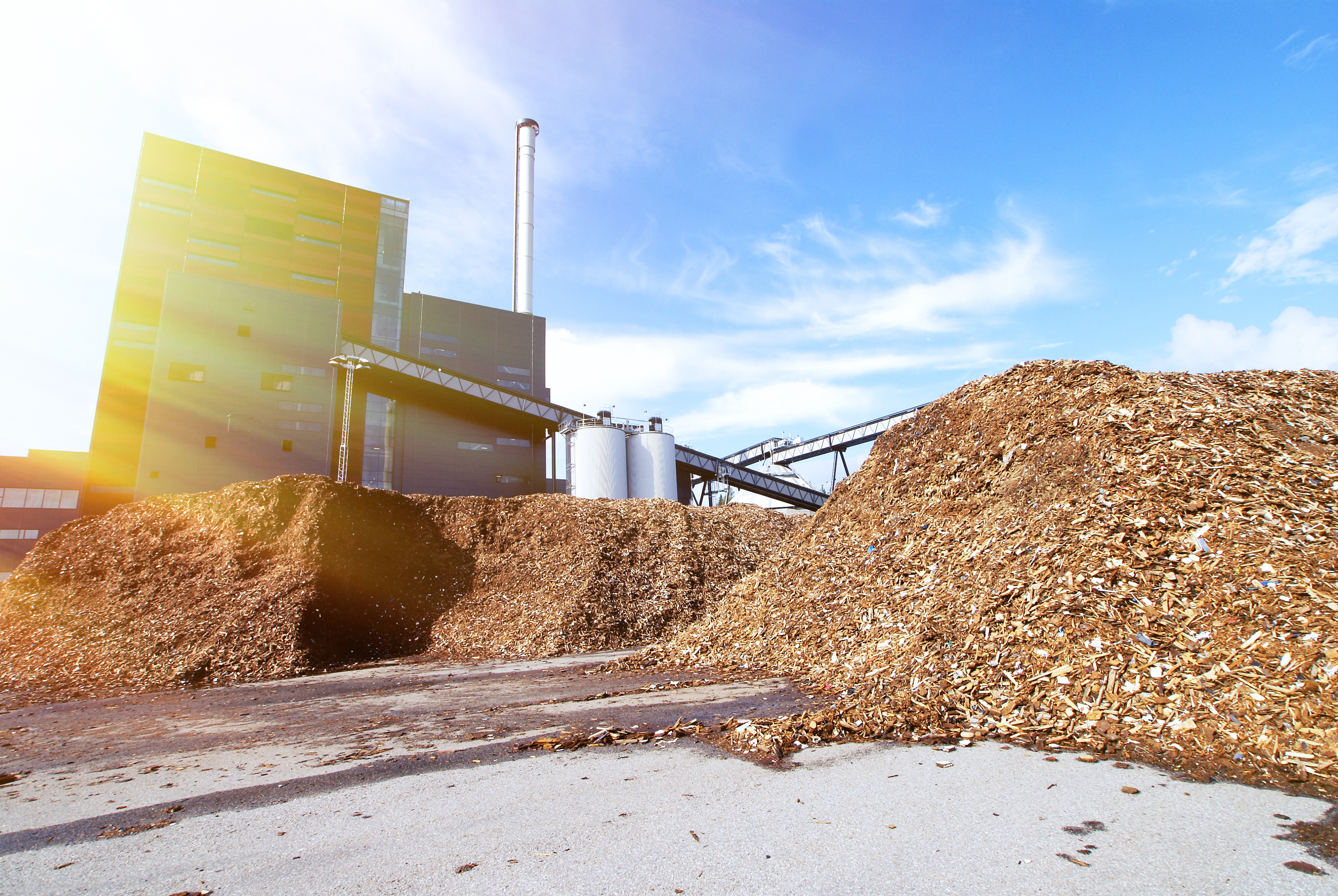 Biokraftanlage mit Holzspeicher vor blauem Himmel