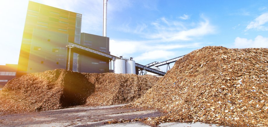 Biokraftanlage mit Holzspeicher Biokraftanlage mit Holzspeicher vor blauem Himmel