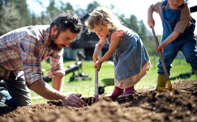 Vater mit kleinen Kindern, die im Garten zusammen arbeiten. 