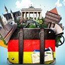 Illustration mit Reisekoffer in Deutschlandfarben, Brandenburger Tor, Fußball, Filzhut, Rathaus, Ziehharmonika, Blumen, Schloss-Neuschwanstein, Fachwerkhaus, Automobil und Bier