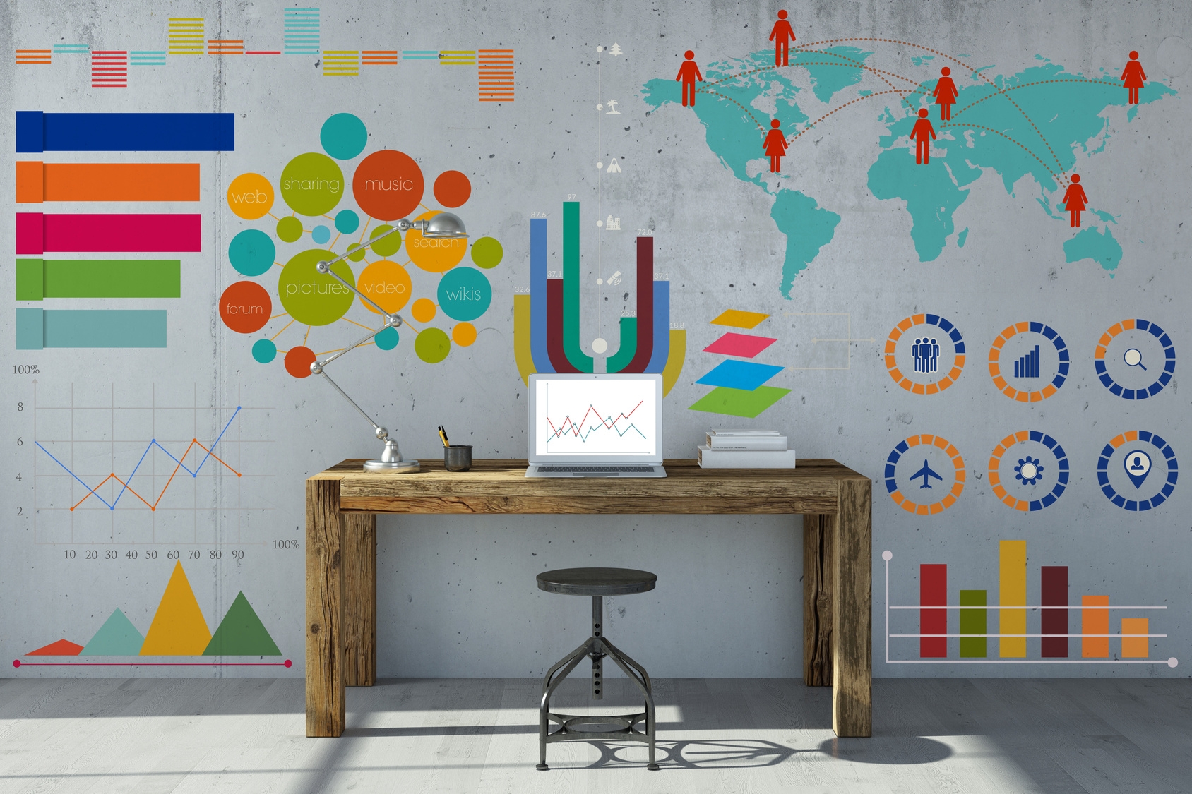 Infografik und Diagramm am Arbeitsplatz mit Schreibtisch und Computer