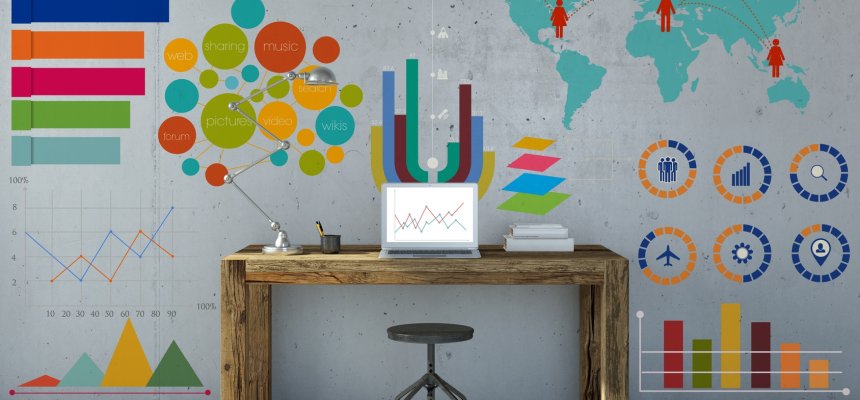 Infografik und Diagramm am Arbeitsplatz mit Schreibtisch und Computer