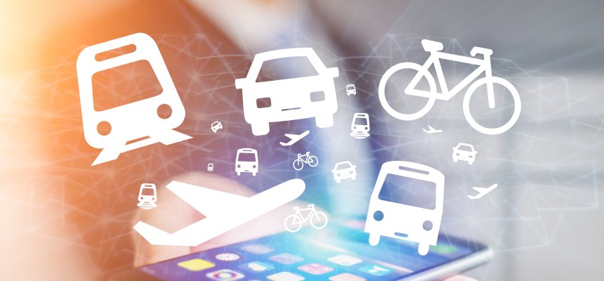 Smartphone mit schwebenden Icoans zu verschiedenen Fortbewegungsarten 