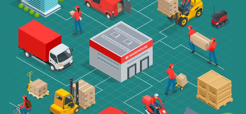 Isometric Logistics and Delivery Infographics. Delivery home and office. City logistics. Warehouse, truck, forklift, courier, drone and delivery man. Vector illustration Supermarkt
