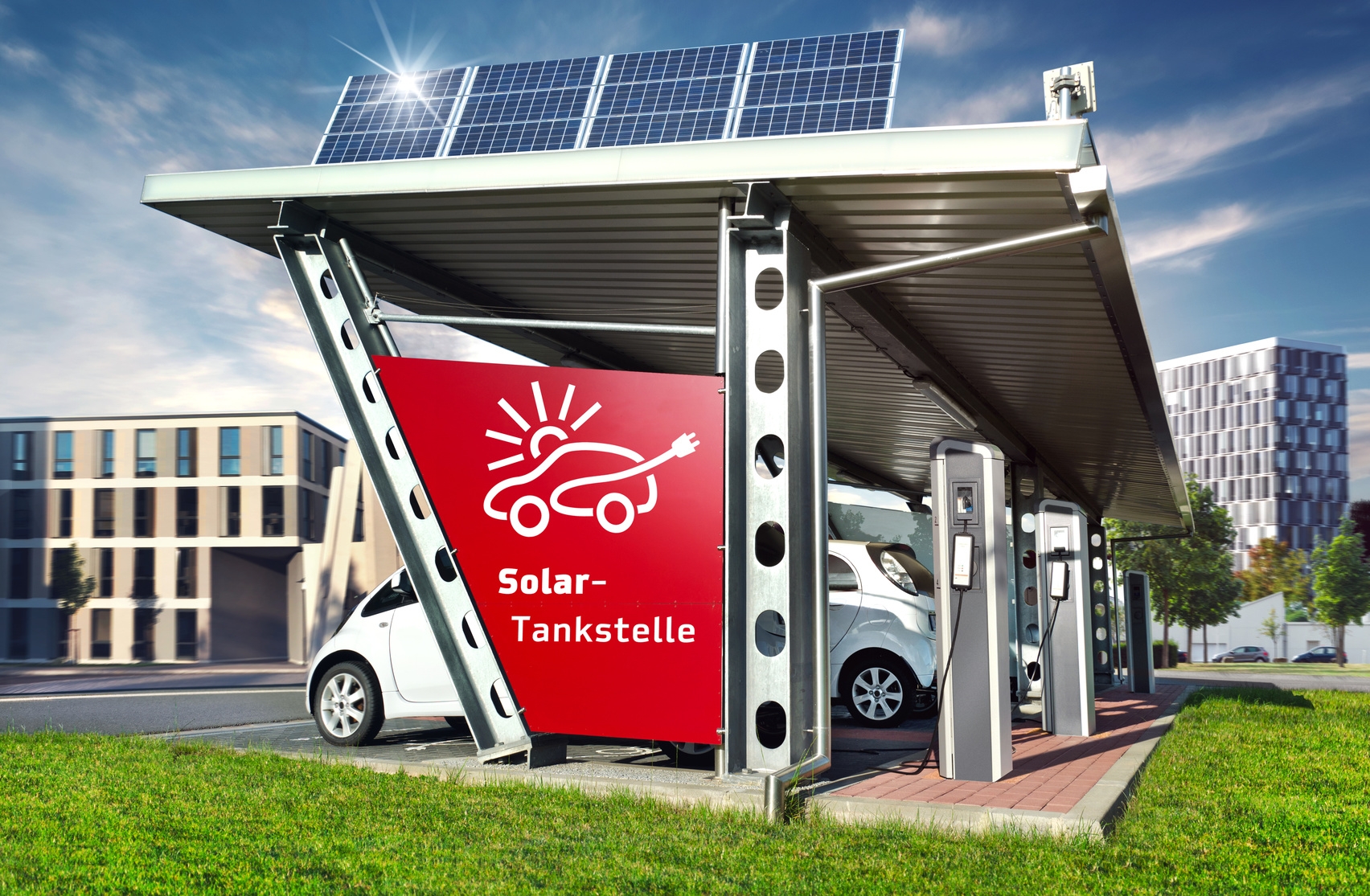Groe Solartankstelle Carport mit Elektroauto in Stadt Groe Solartankstelle Carport mit Elektroauto in Stadt