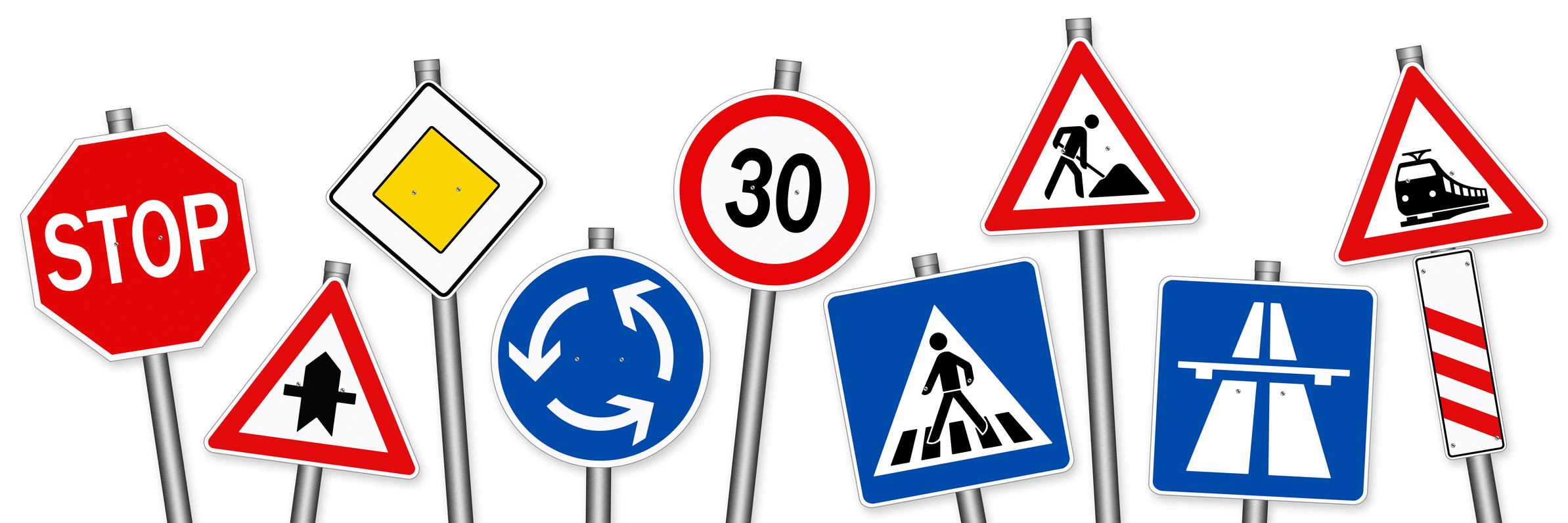 Viele verschiedene Verkehrsschilder auf weißem Hintergrund Viele verschiedene Verkehrsschilder auf weißem Hintergrund