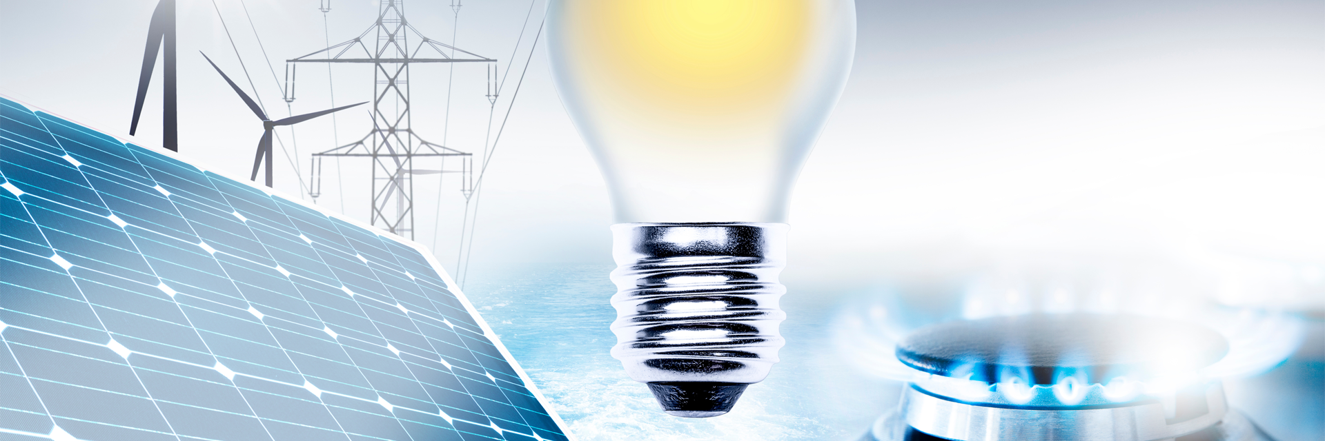 Collage aus Bildern über Solarpanelen, Windkrafträdern, einer Glühbirne und einer Herdgasflamme