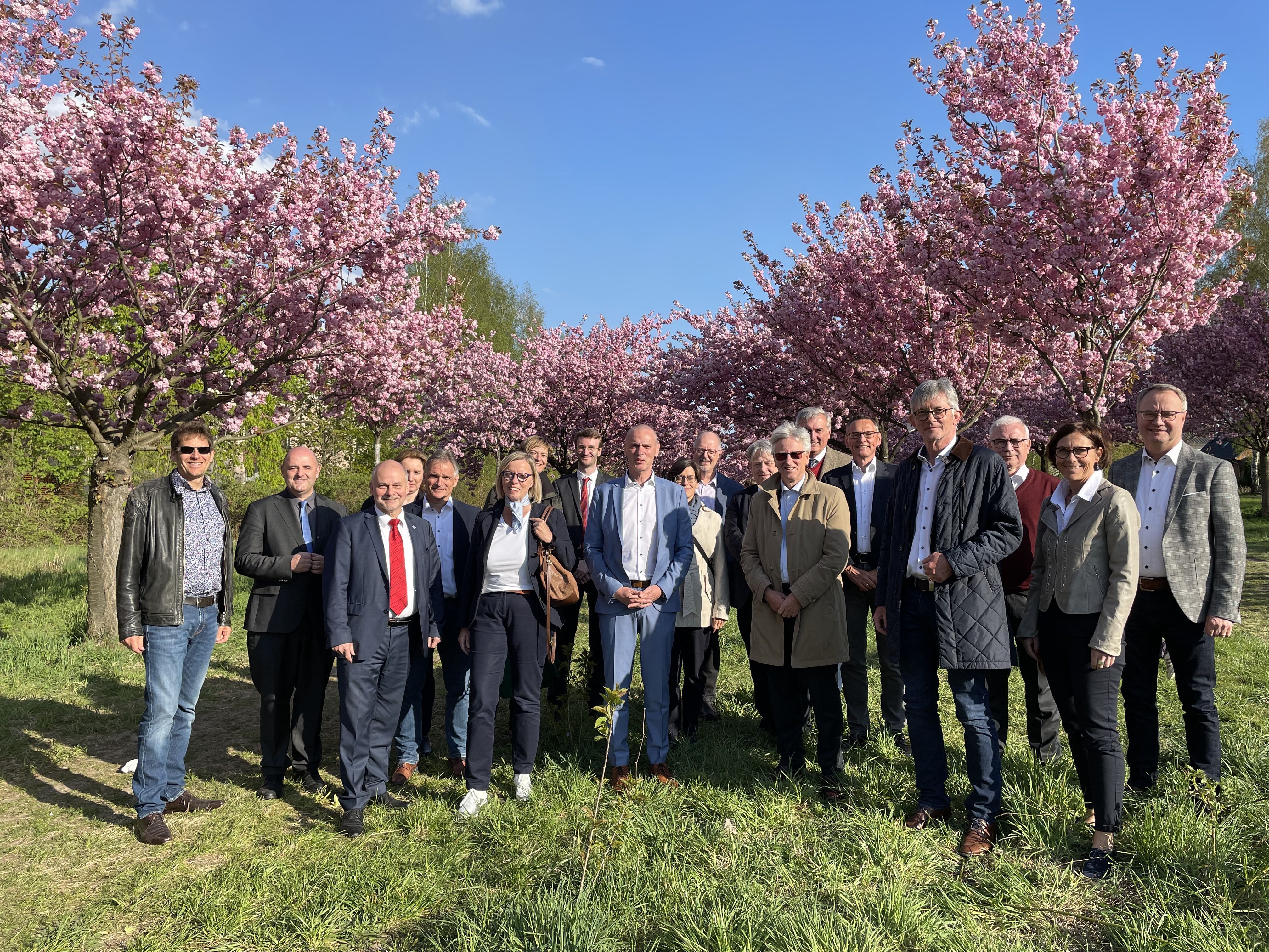 Bürgermeister Thomas Schmidt, Stadt Teltow (3. v.l.) begrüßte den Europaausschuss des DStGB in seiner Stadt. Die Kommunalvertreter und Kommunalvertreterinnen aus ganz Deutschland nutzten die Sitzung in Teltow, um eine historische Stätte kurz zu besuchen. Die Kirschblütenallee, die entlang des ehemaligen Grenzstreifens an der Mauer zwischen Berlin und Teltow verläuft und heute ein besonderer Ort des Friedens mit japanischen Kirschbäumen ist. Mit bei dem Besuch auch der Präsident des DStGB, Bürgermeister Ralph Spiegler (4. v.r.) und der Generalsekretär des Österreichischen Gemeindebundes, Dr. Walter Leiss (7. v.r.).