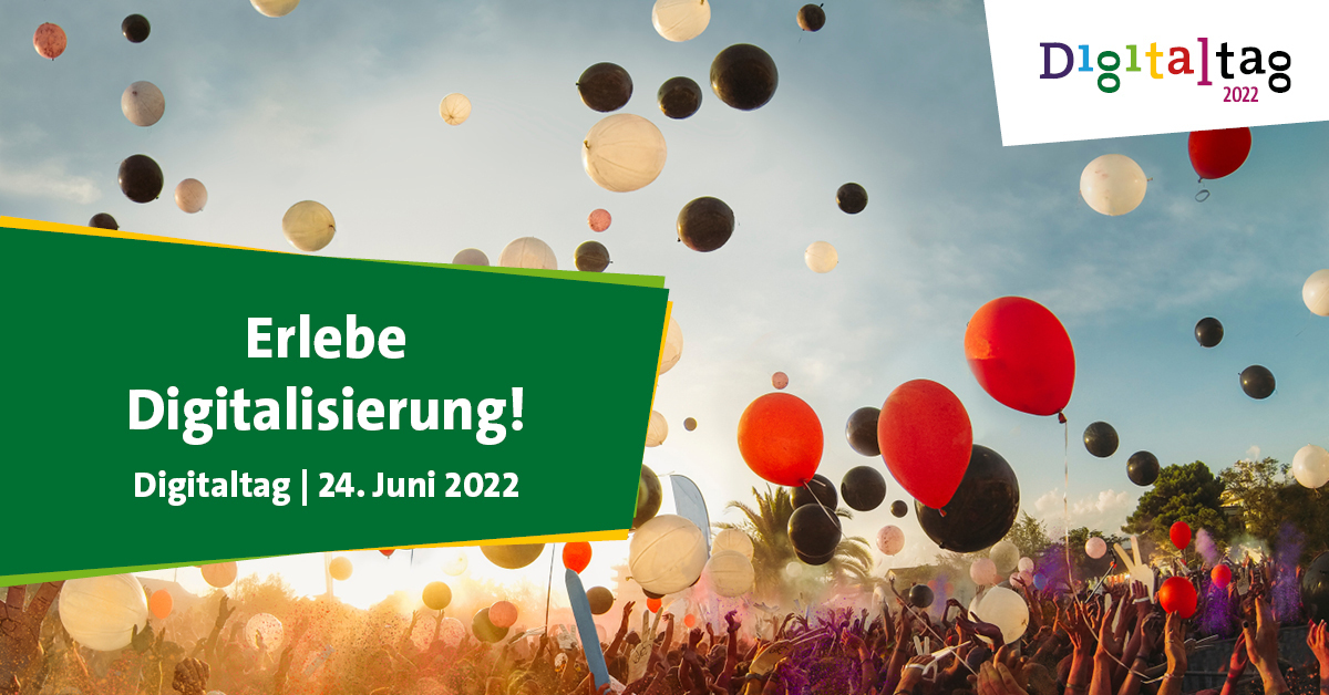 Foto mit bunten fliegenden Ballons zum Digitaltag am 24. Juni 2022