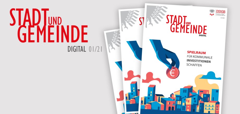 Titelbild der Ausgabe 1 aus 2021 der DStGB Zeitschrift Stadt und Gemeinde digital. Eine Grafik, die zeigt wie eine Hand eine Euromünze über eine Stadtsilhouette hält.