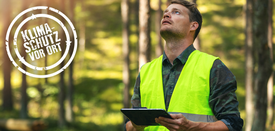 Forstamtsmitarbeiter arbeitet mit einem digitalen Tablet im Wald